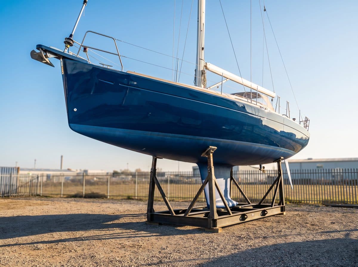 A sailing yacht with a deep blue hull standing on a cradle ashore in a boatyard