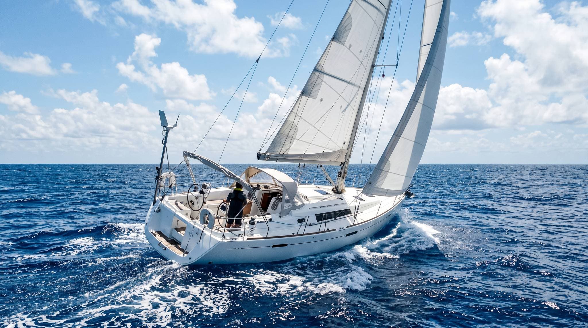 Barca a vela sbandata a vele spiegate in mare aperto durante una traversata d'altura, senza terra in vista