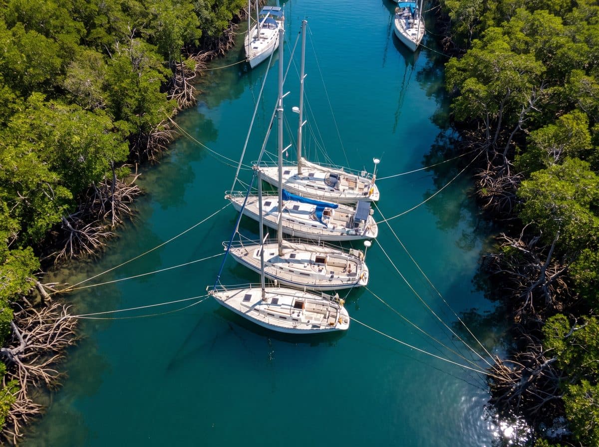 Sailing yachts double-tied deep inside a mangrove hurricane hole, storm lines run ashore