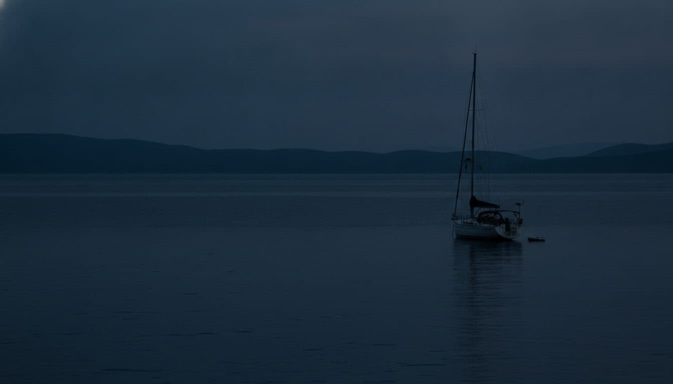 A cruising yacht at anchor in calm water at first light, seen from astern
