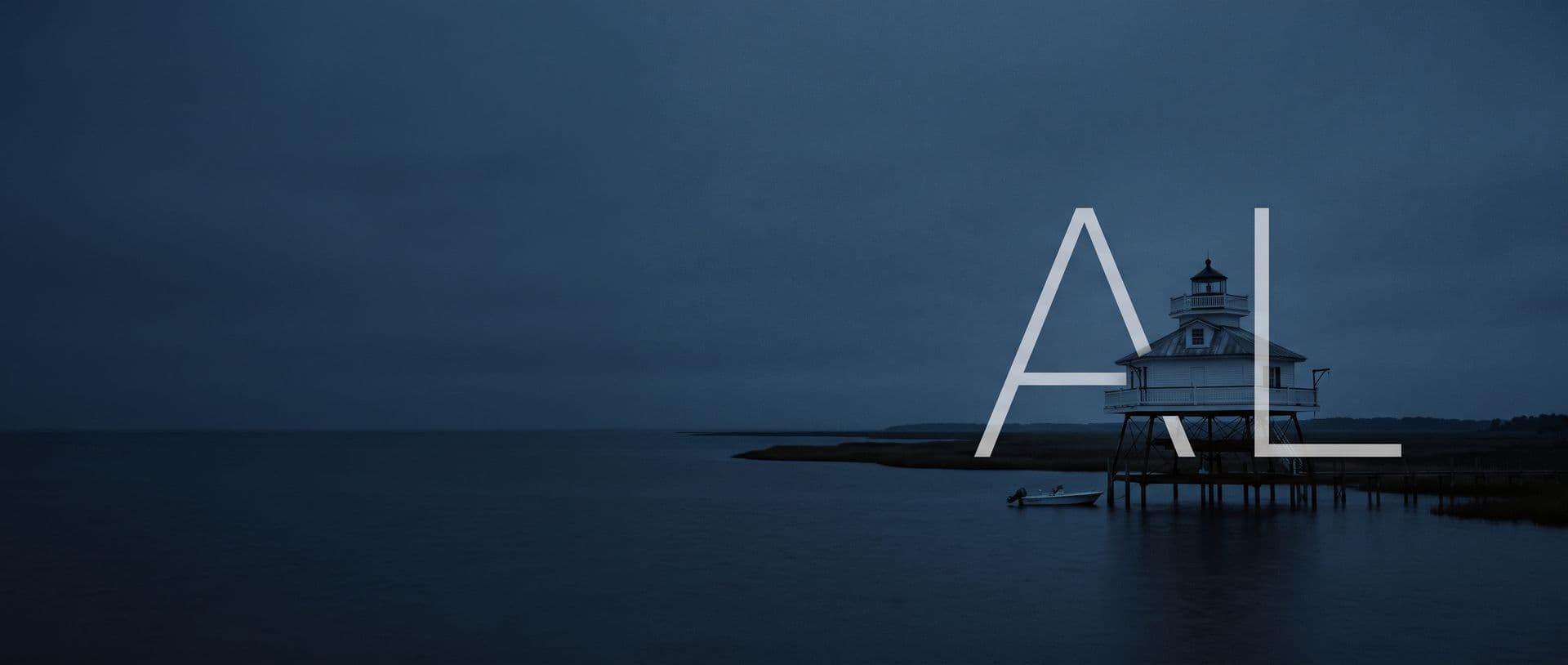 A screwpile lighthouse standing over Mobile Bay at dusk, a boat moored alongside, with the letters AL in the sky