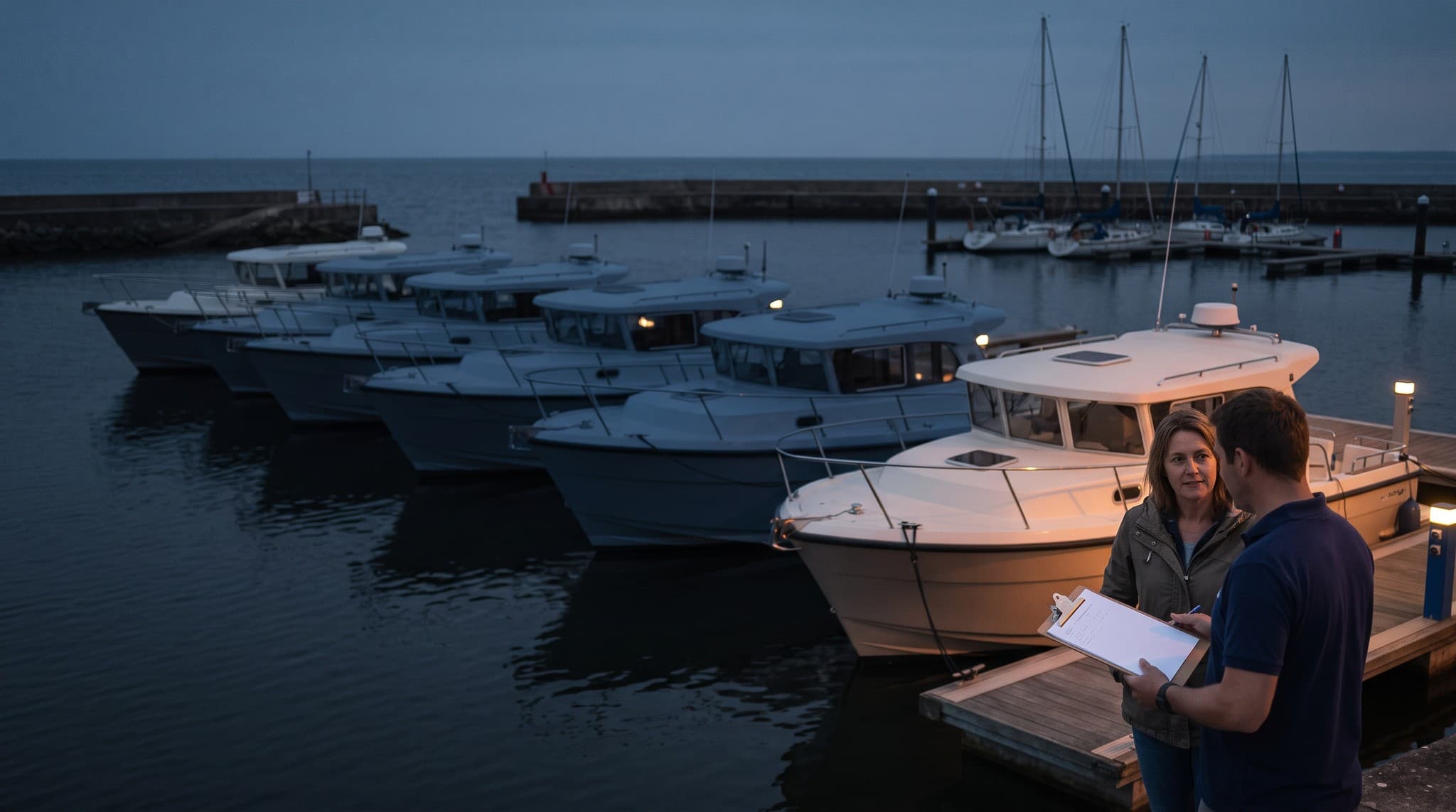 Identical rental motor cruisers moored in a row along a pontoon at a coastal charter-rental base at dusk, with a staff member handing a lifejacket to a waiting customer.