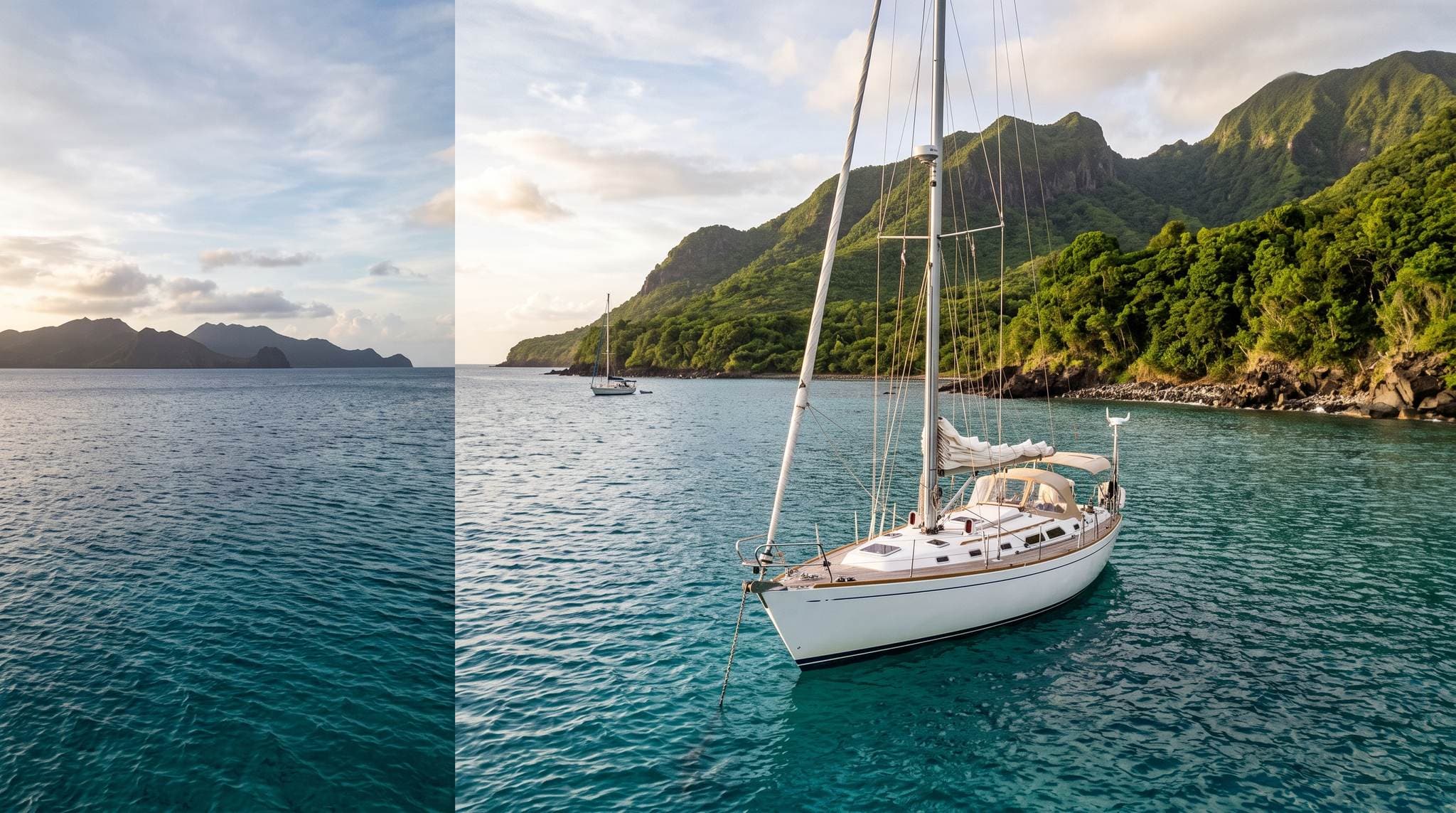 Cruising sailboat lying at anchor off a green Caribbean island, turquoise water and a reef edge in the foreground