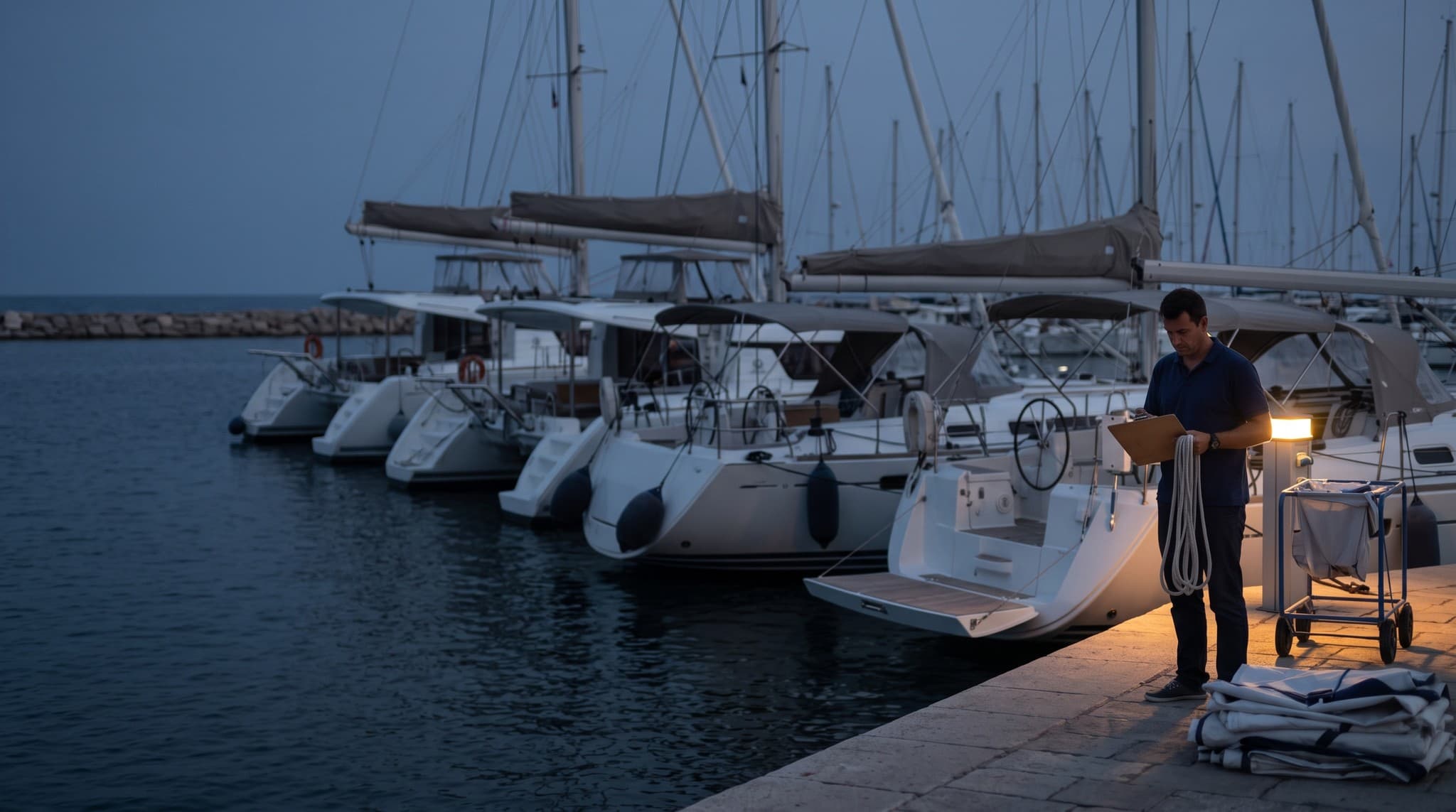 Six near-identical charter catamarans and monohulls made fast stern-to along a stone quay at blue hour, sail covers on, a member of staff walking the quay with a clipboard and dock lines.