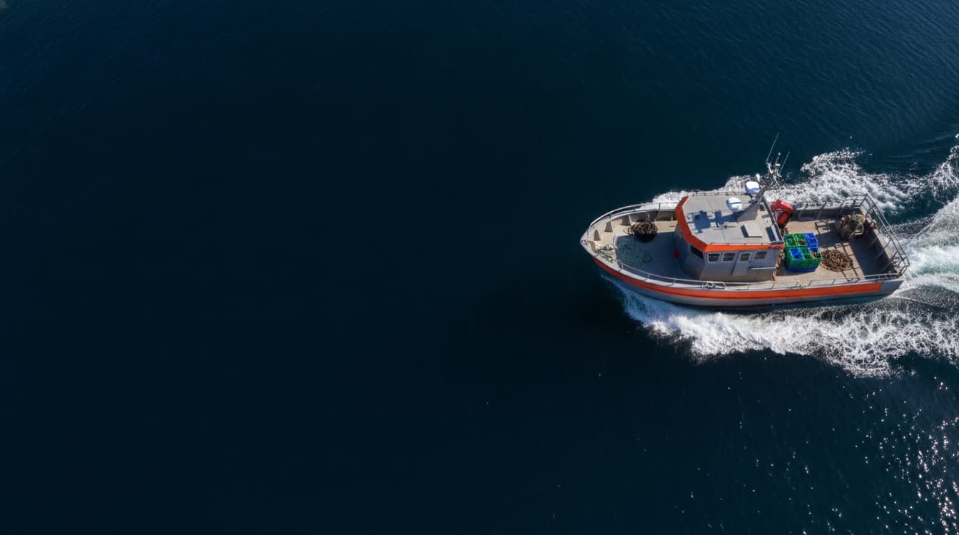 An aerial view in bright midday sun of a small working boat under way through deep blue open sea, its aluminium hull carrying an orange sheer stripe, a squared grey wheelhouse and a radar mast, with stacked fish crates, coiled rope and creels on the open aft deck and a clean white wake behind it