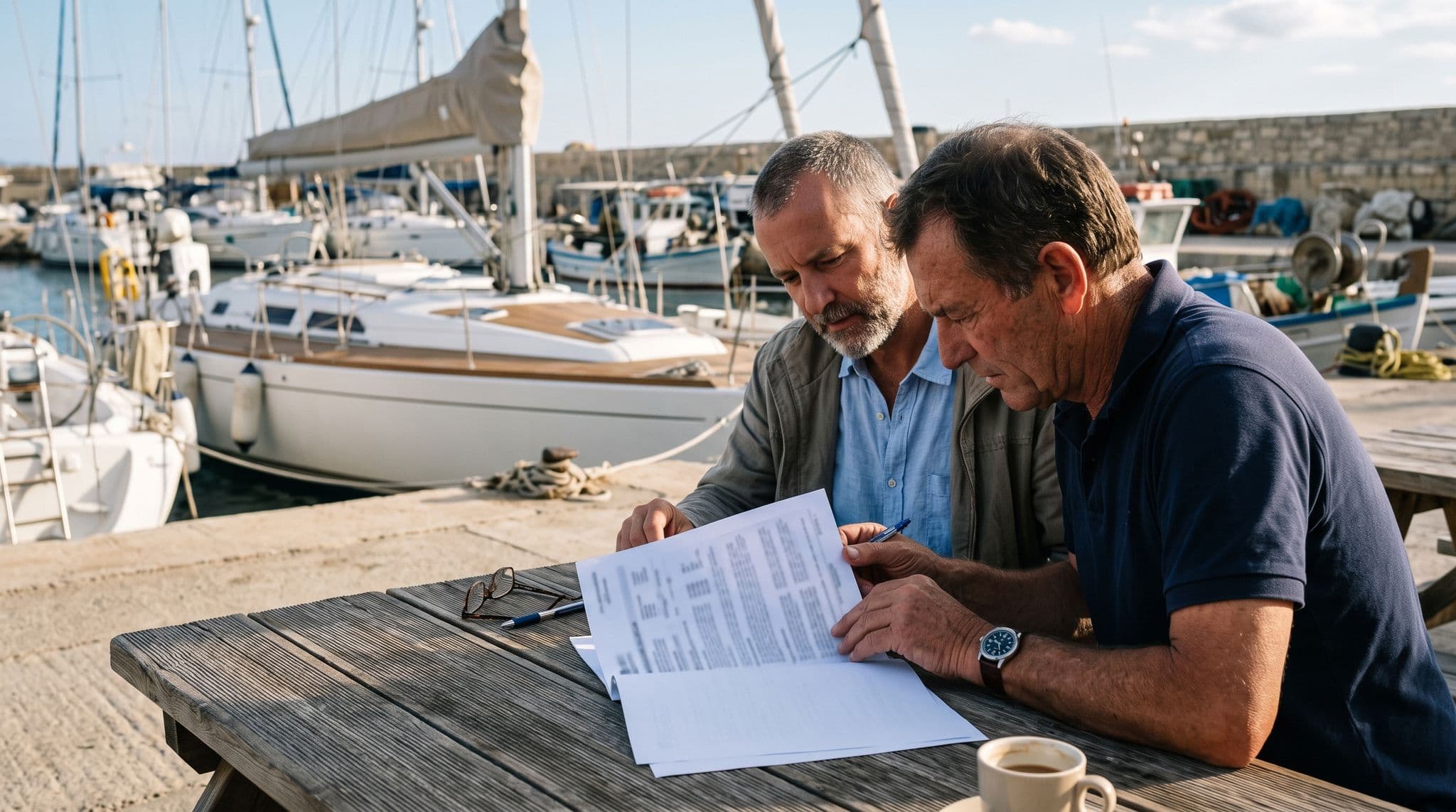 El propietario de un yate y un especialista en seguros marítimos revisan las condiciones particulares impresas en una mesa del puerto deportivo, con el valor convenido fijado antes de cualquier siniestro