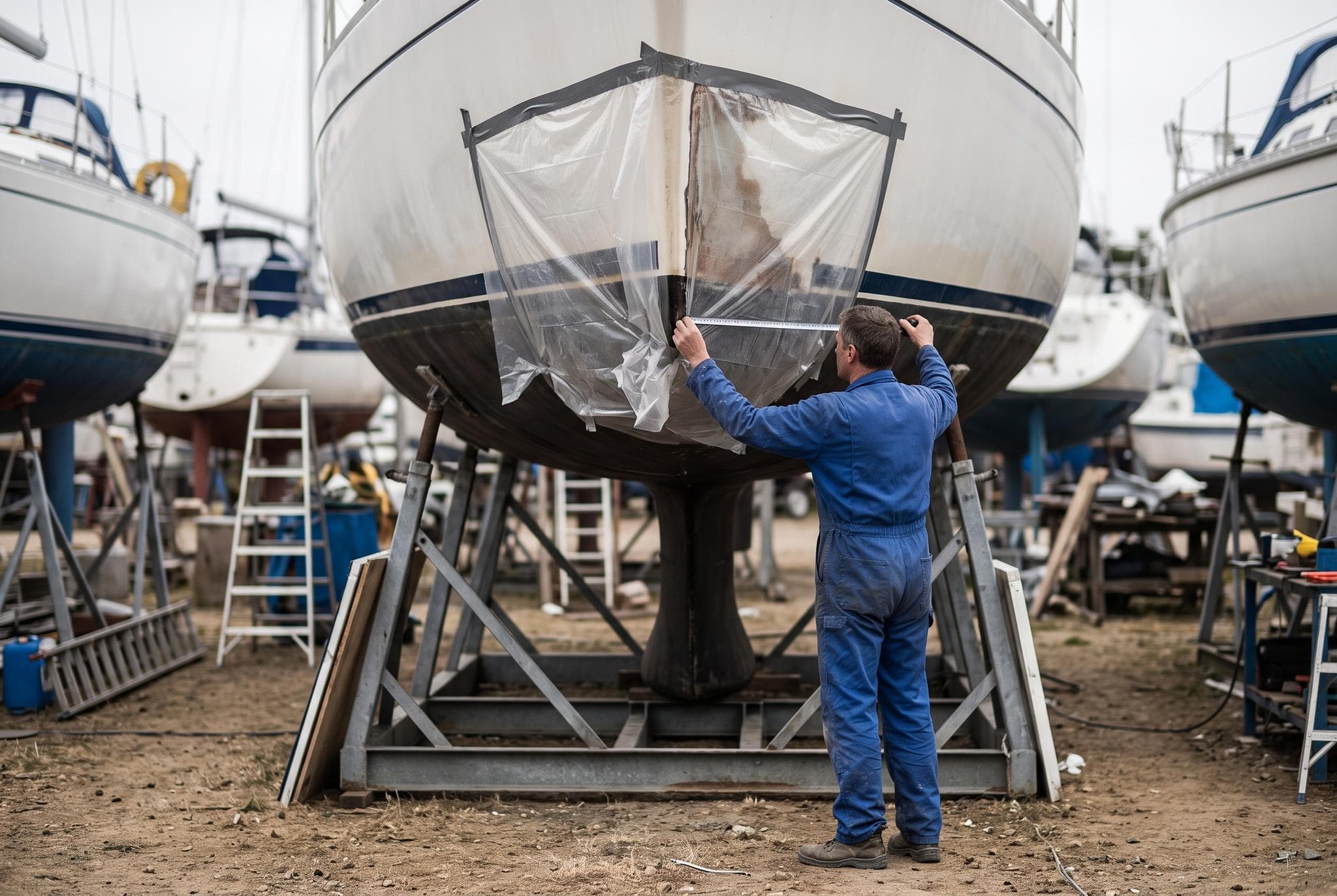 Un velero en la cuna de un varadero con la obra muerta en reparación, la pérdida parcial que una póliza a valor convenido liquida sin depreciación