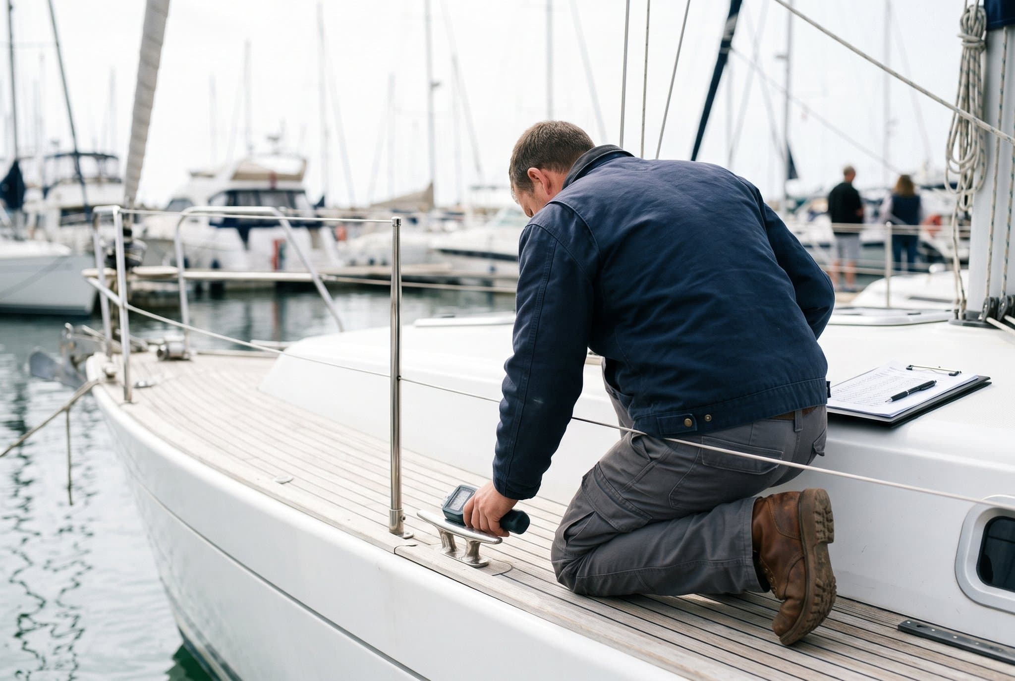 Un perito naval con un medidor de humedad inspecciona un herraje de cubierta, reuniendo las pruebas sobre las que se fija un valor convenido