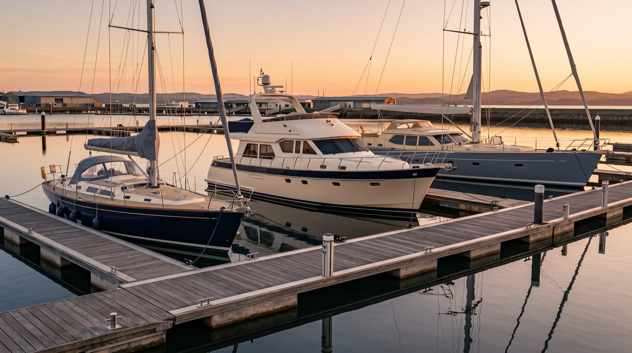 Ein Fahrtensegler, eine Motoryacht und eine Yacht mit Crew nebeneinander am Steg, die Bandbreite, die dieser Vergleich abdeckt