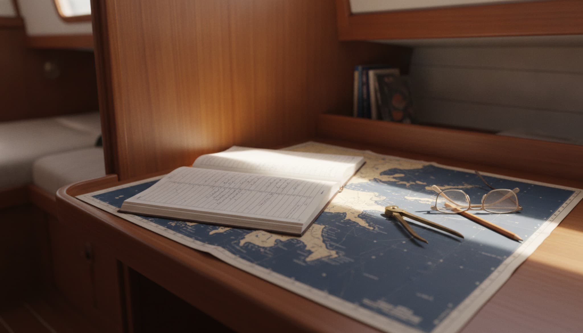 Open logbook and folded nautical chart on the teak chart table of a sailing yacht, with brass dividers and reading glasses in daylight from a deck hatch