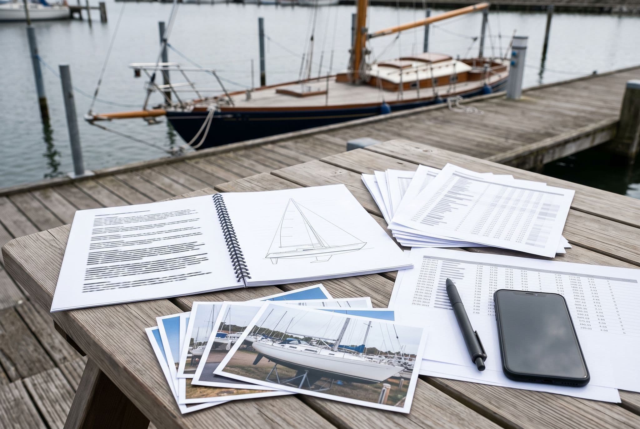 Marina-side table with an open marine survey report, a stack of yard invoices, a printed engine service history and photographs of a boat's hull and rig laid out in a fan