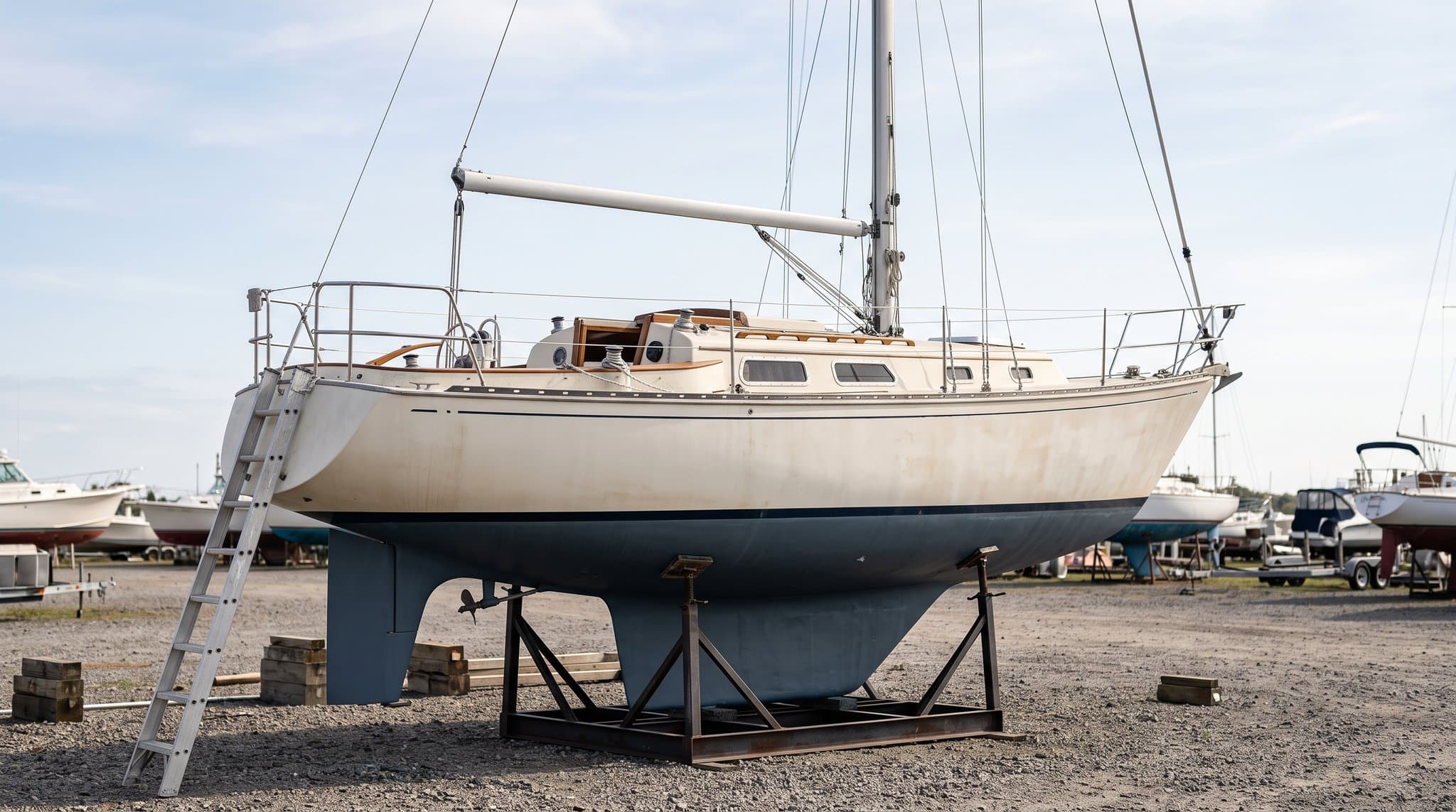Well-kept older fiberglass cruising sailboat hauled out on a cradle in a boatyard with its mast stepped and freshly antifouled hull
