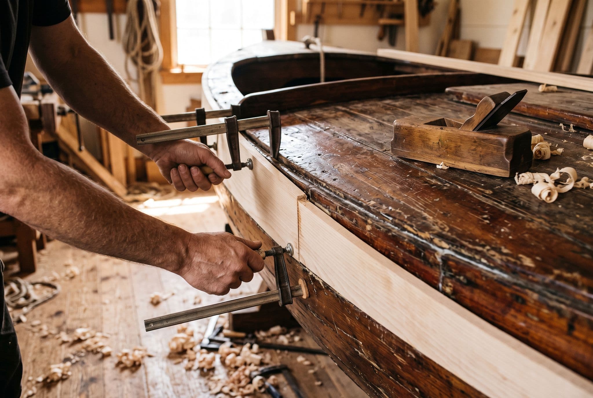 Shipwright's hands clamping a freshly milled pale plank into the hull of an older varnished wooden boat, the surrounding original planks noticeably darker and weathered