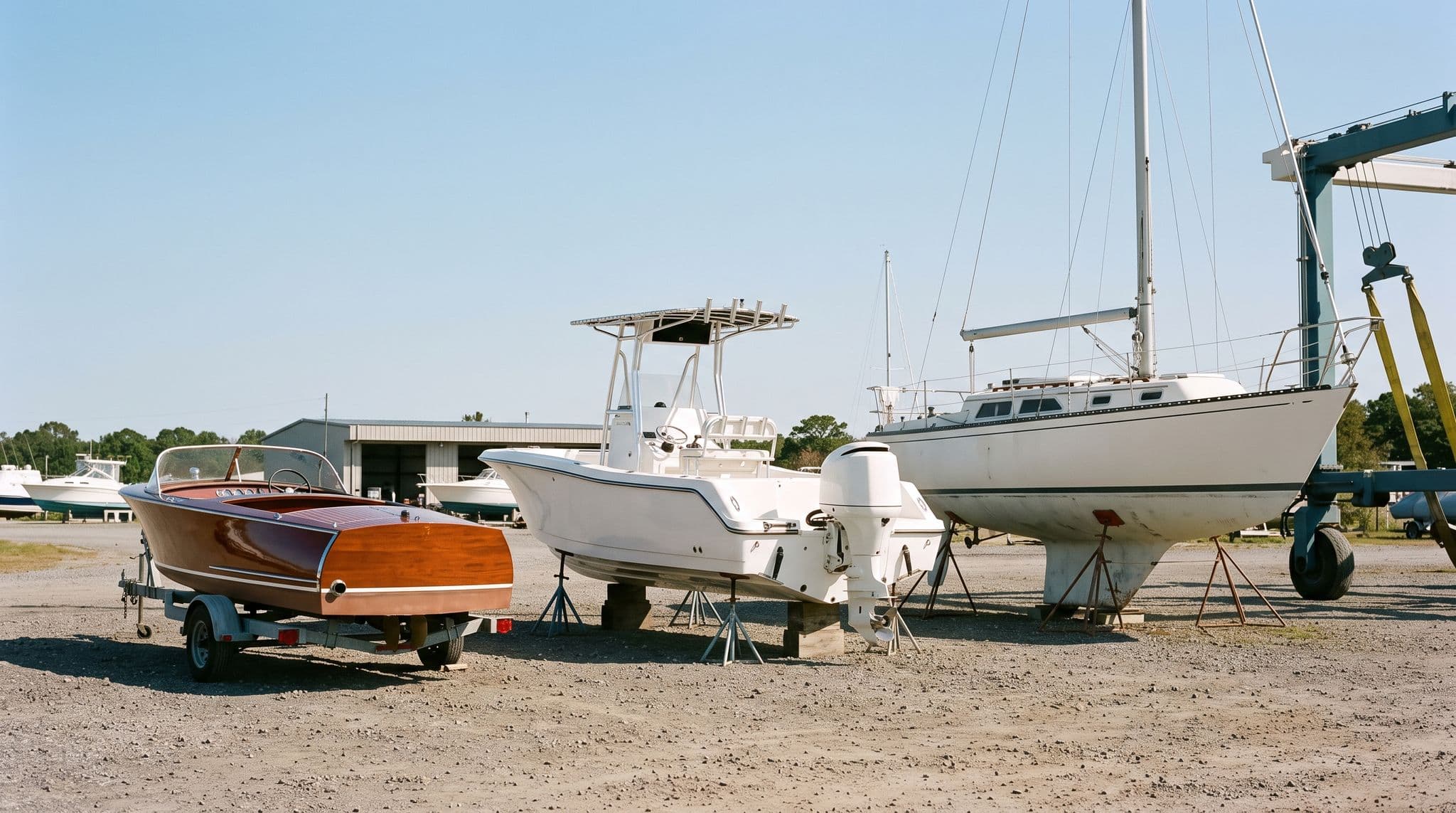 Three boats hauled out side by side in a boatyard, a varnished mahogany runabout on a trailer, a modern outboard fishing boat on stands and a larger older fiberglass cruising sailboat on a cradle
