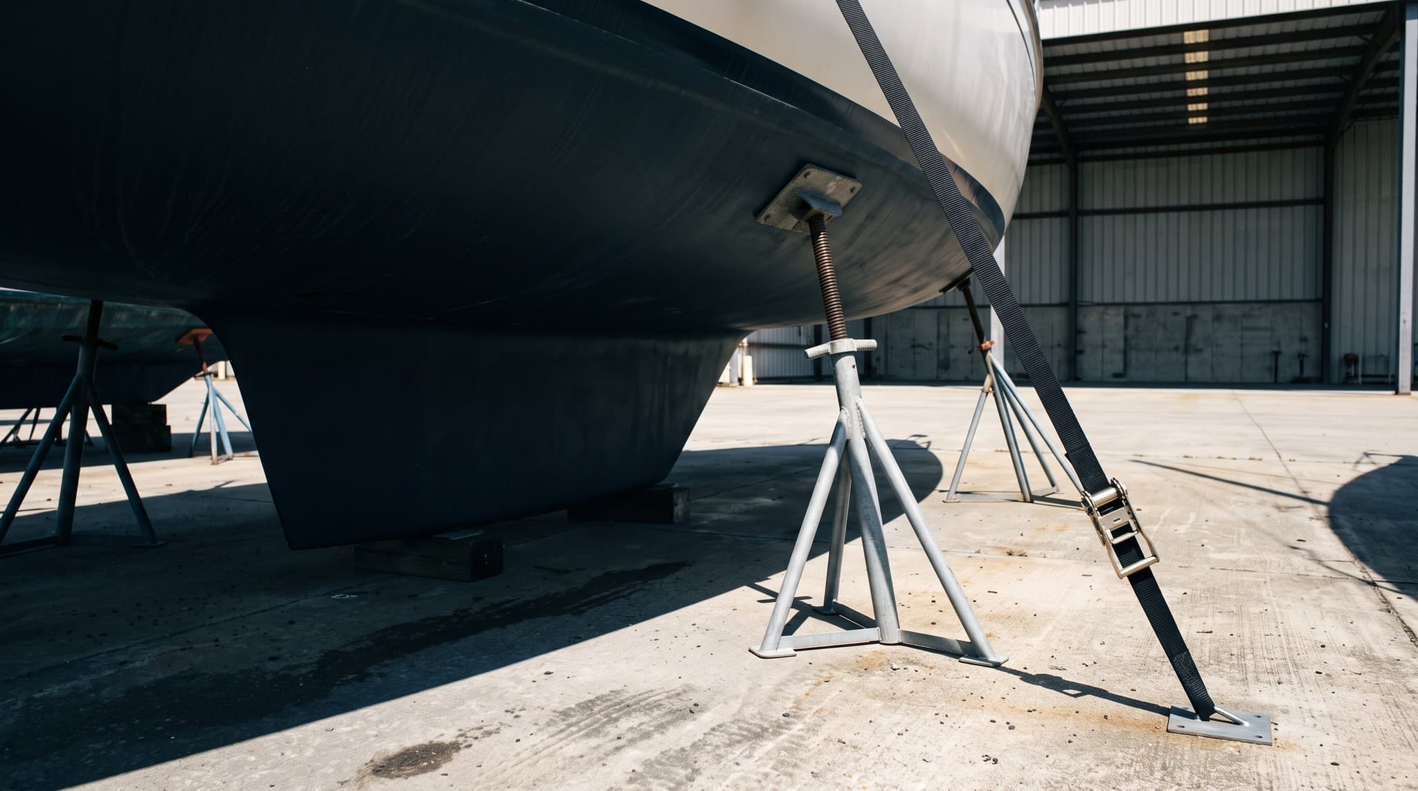 A hauled yacht on jackstands, a ratchet strap running from the hull down to a ground anchor in the concrete