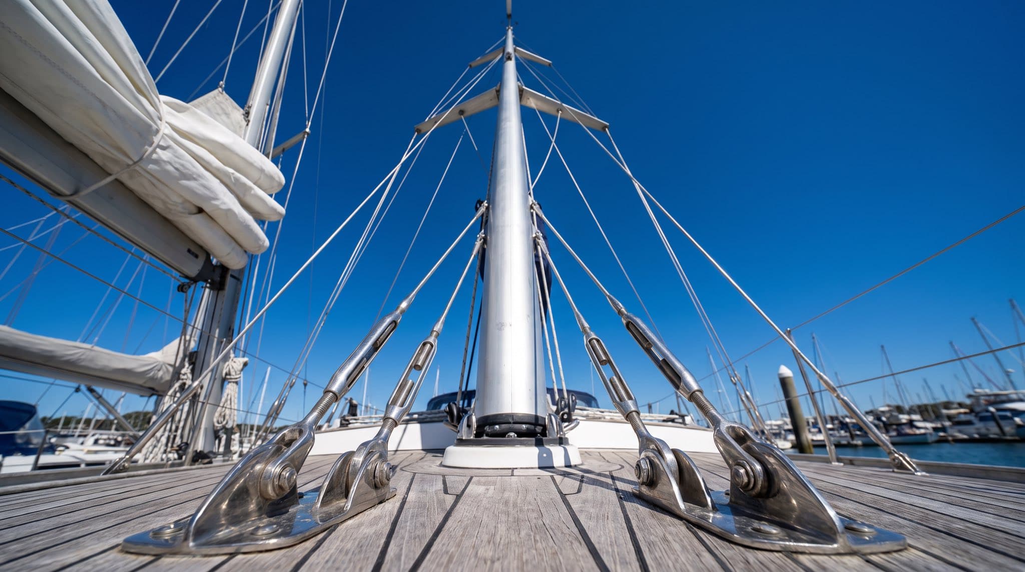 Low-angle view up a sailboat's aluminium mast and rigging, with stainless shrouds, spreaders and turnbuckles against a clear blue sky