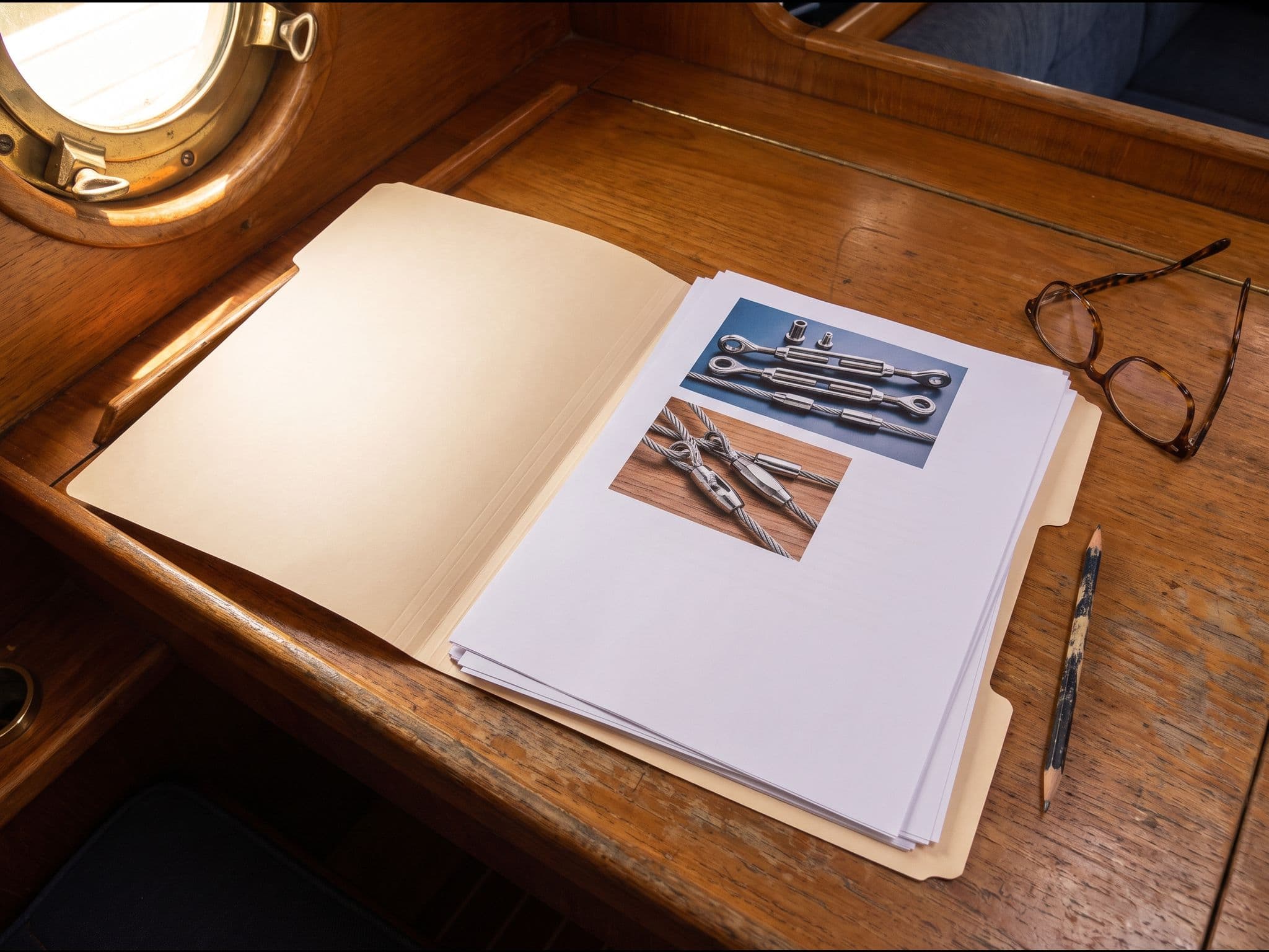 An open folder on a yacht's chart table holding a rigging invoice and a rigger's inspection report with photographs of fittings