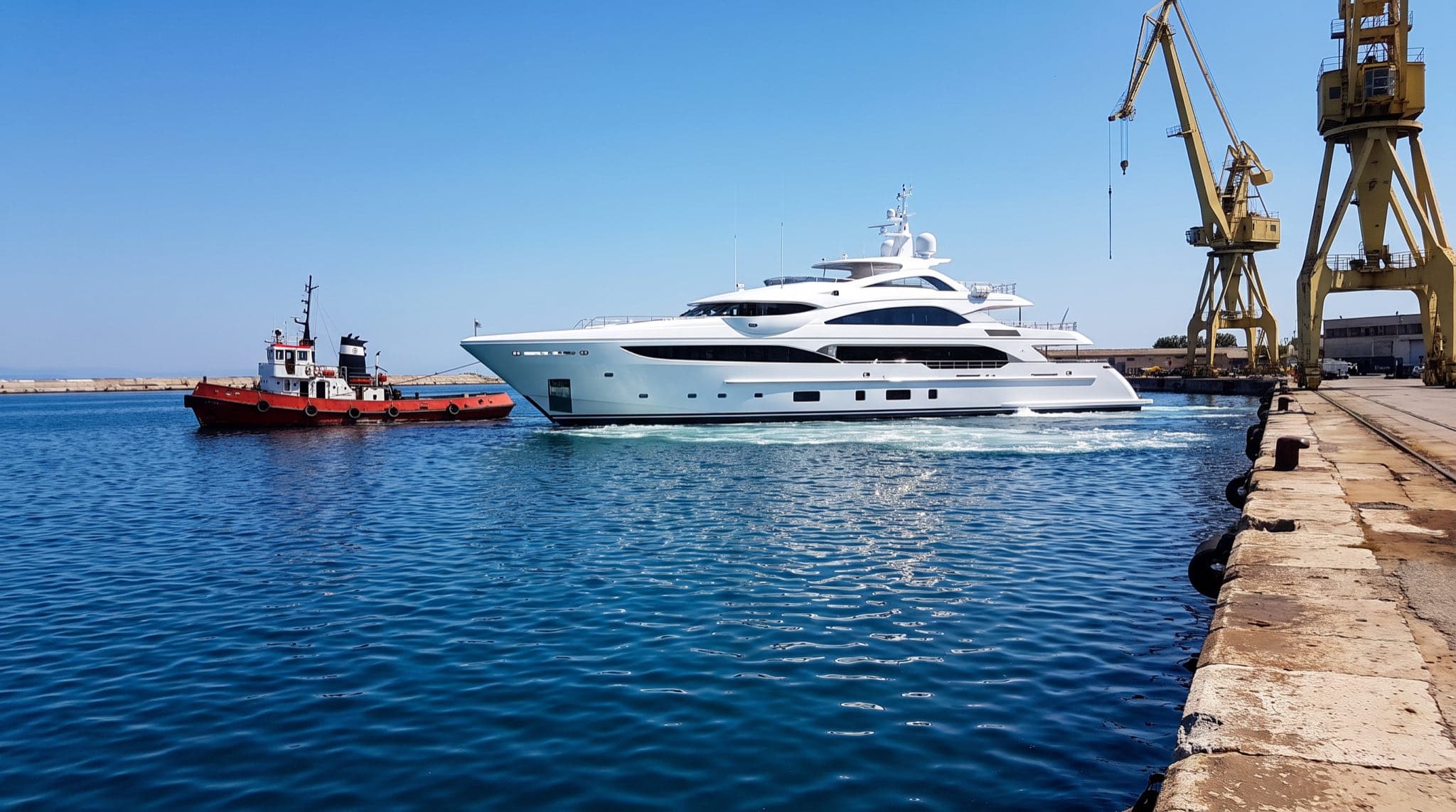 Yacht insurance during a new build: a newly delivered white superyacht leaves a shipyard basin past the quay cranes, escorted by a red yard tug, in bright daylight