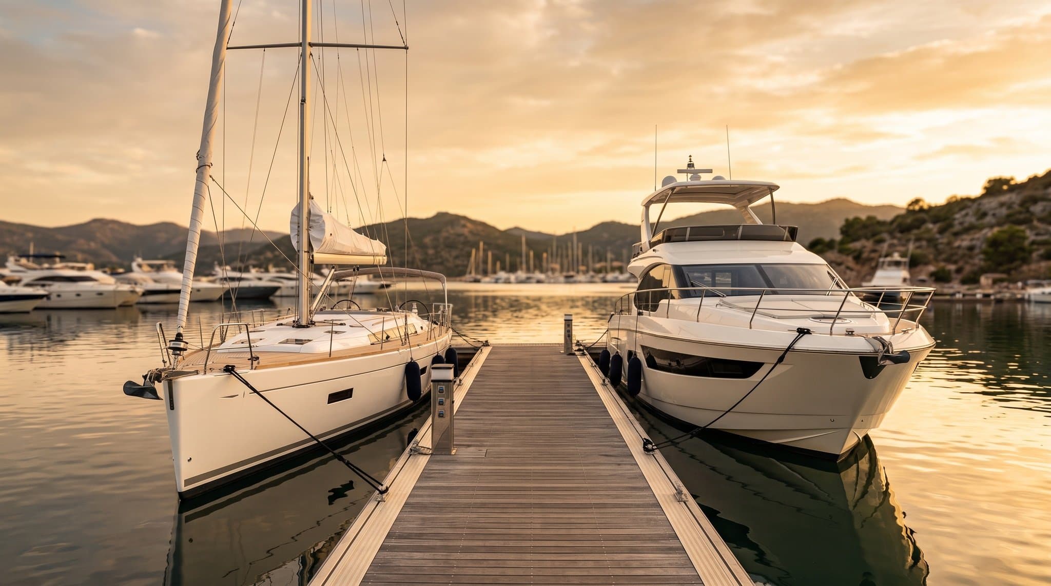Un voilier et un bateau à moteur amarrés côte à côte dans une marina au coucher du soleil, illustrant combien coûte l'assurance bateau pour les propriétaires de voiliers et de navires à moteur.