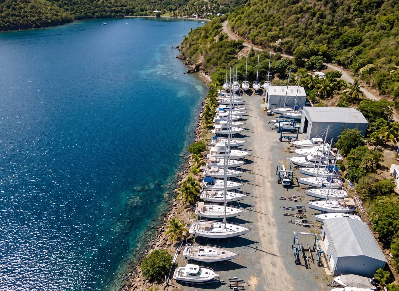 Aerial view of a southern Caribbean haul-out yard in strong midday sun, rows of yachts on stands ashore beside a sheltered bay