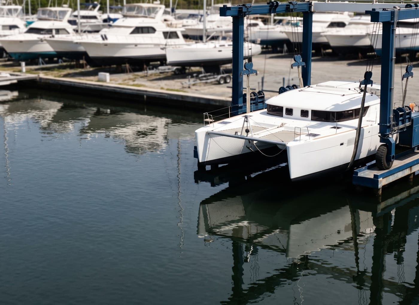 A white cruising catamaran suspended in the slings of a travel-lift over the haul-out channel of a Caribbean boatyard in bright midday sun