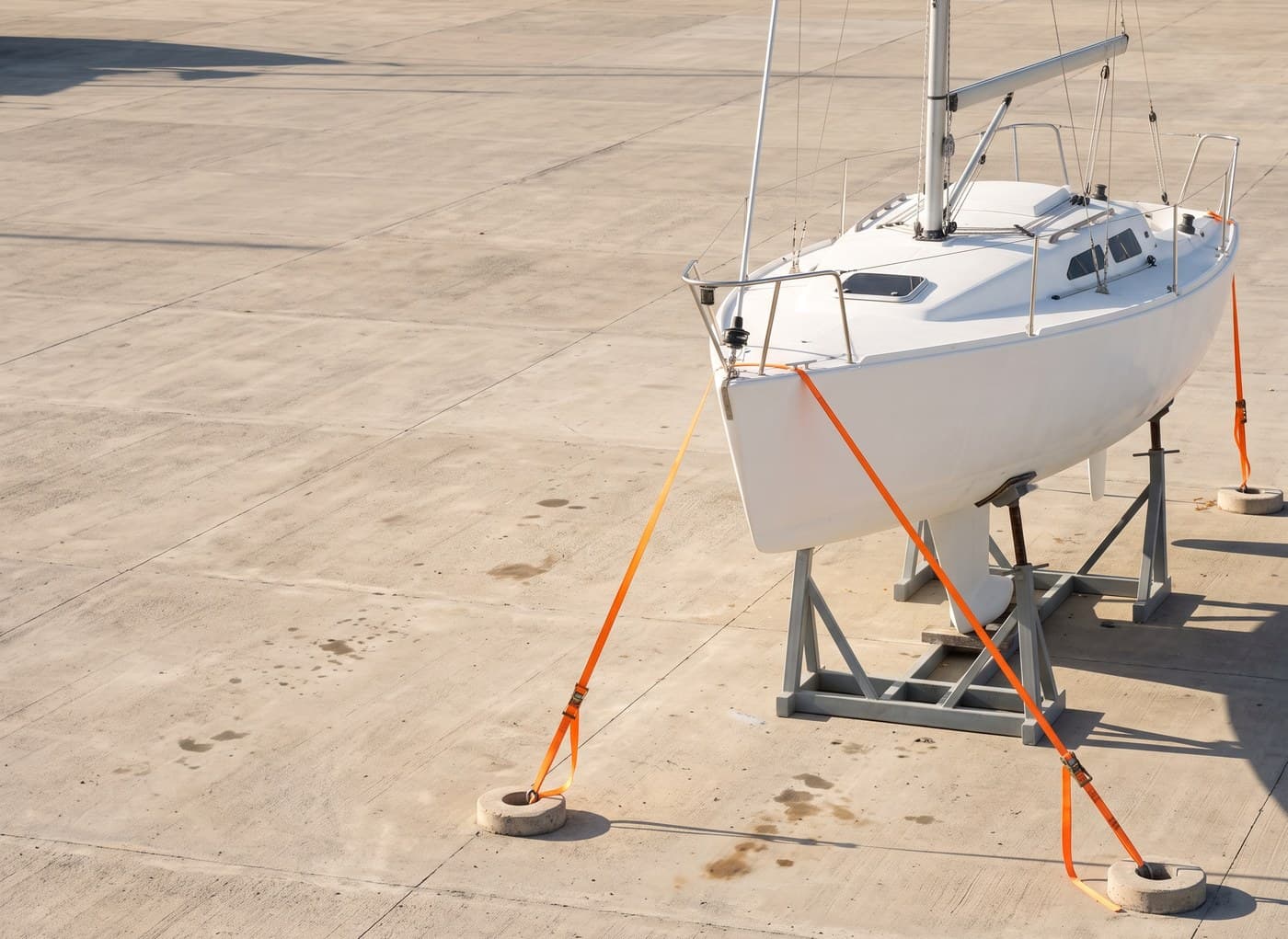 A white sloop chocked on welded steel stands with webbing tie-downs anchored to concrete ground rings, sails removed, nobody aboard