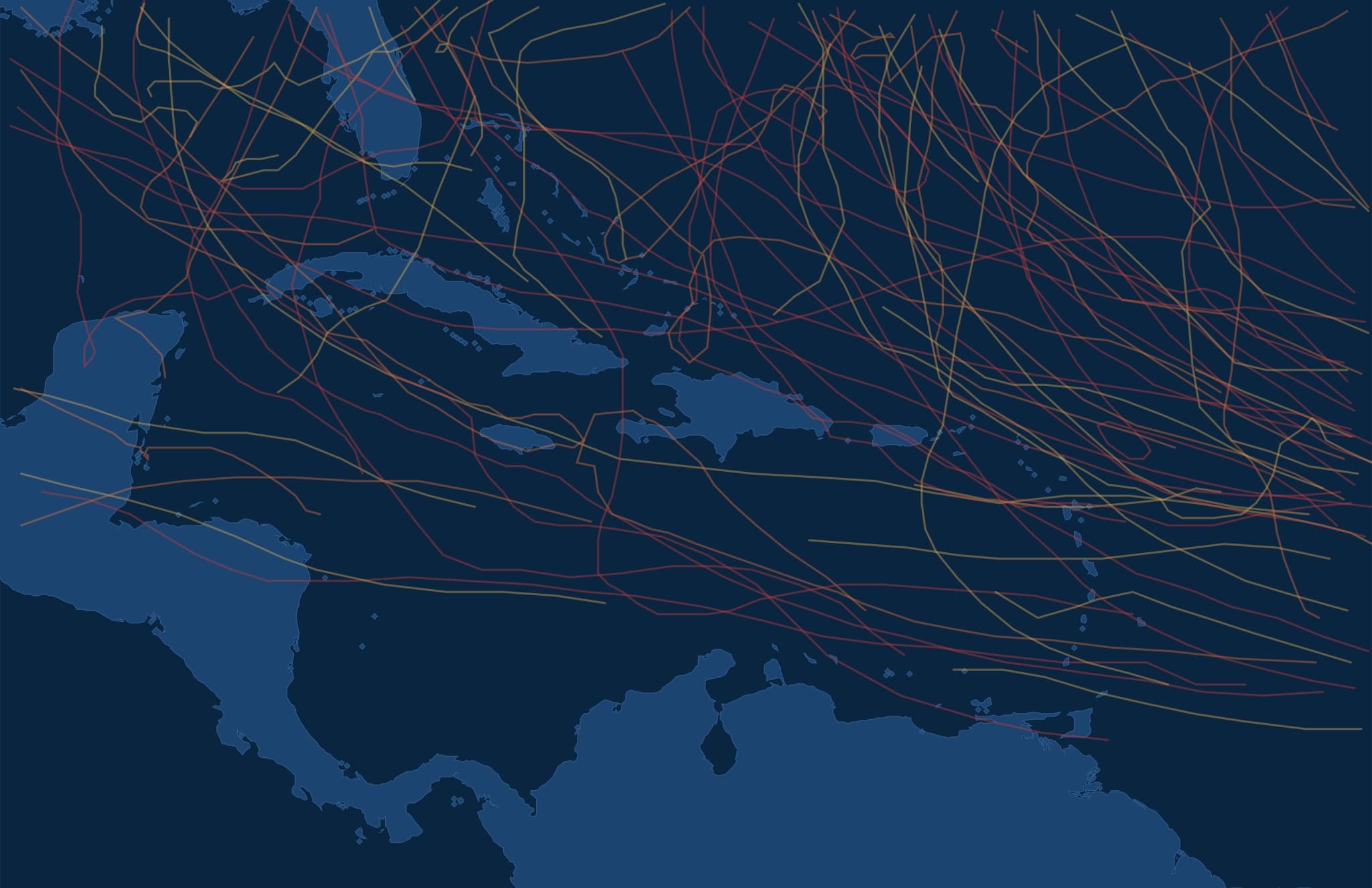 Map of historical September hurricane tracks across the Caribbean, drawn from NOAA IBTrACS data