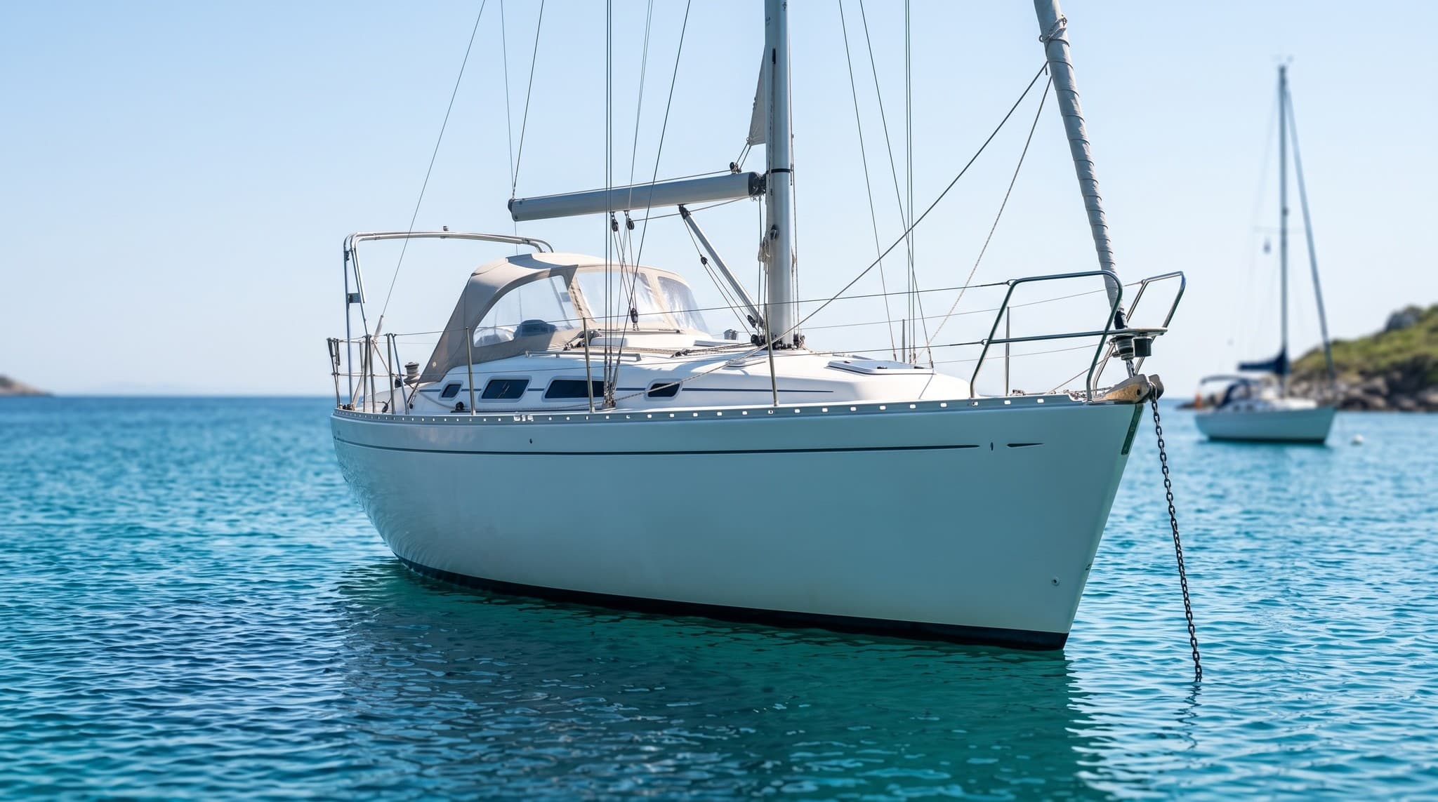 An empty cruising yacht lying to her anchor in bright midday sun, cockpit unoccupied and no tender alongside