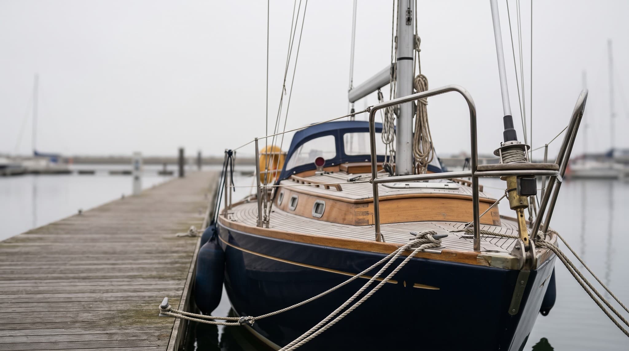 Eine Segelyacht liegt mit doppelt belegten Festmachern und ausgebrachten Fendern an einem ruhigen Marinasteg vor einem benannten Sturm