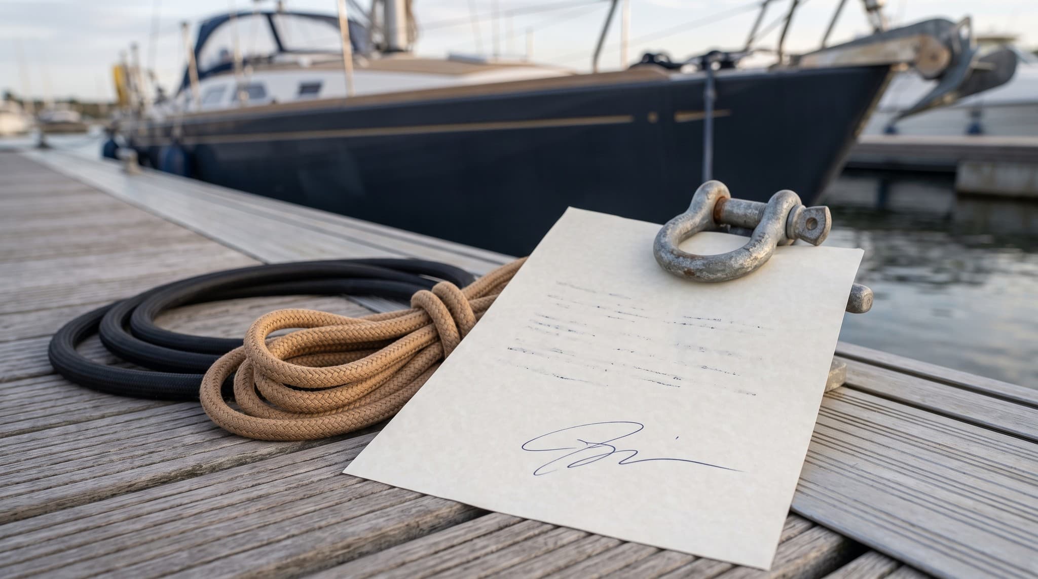 Ein unterschriebenes und datiertes Plandokument, beschwert von einem Schäkel auf einem Marinasteg neben aufgeschossenen Festmachern