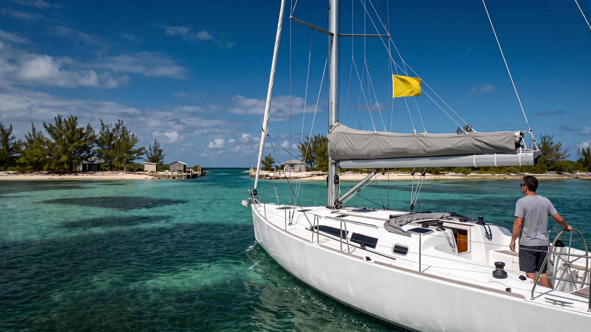 A cruising sailing yacht approaching a Bahamian harbour entrance flying the yellow quarantine flag, the arrival that a Bahamas cruising permit formalises