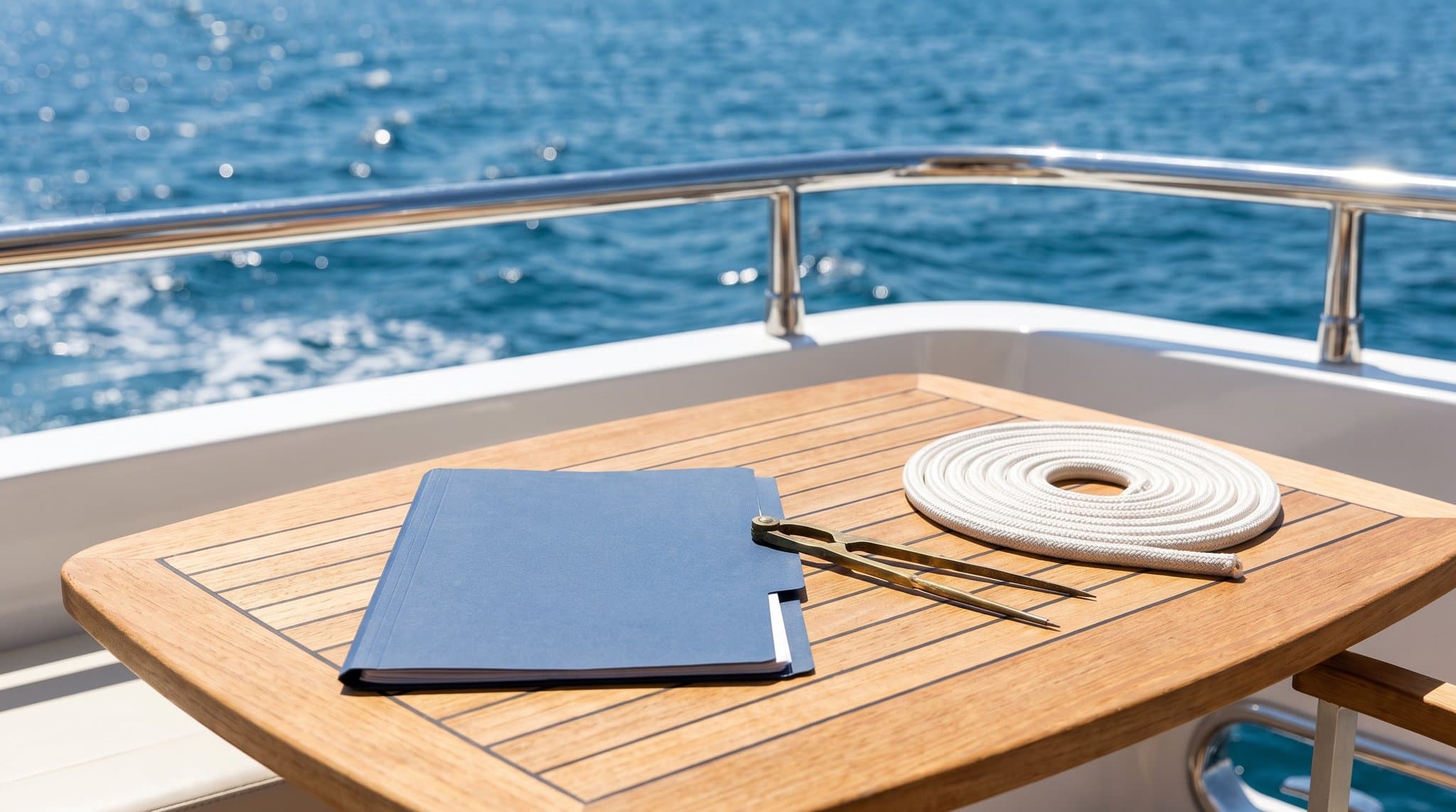 Yacht insurance certificates: a navy document folder and brass dividers on a sunlit teak table aboard a large motor yacht, deep blue sea beyond