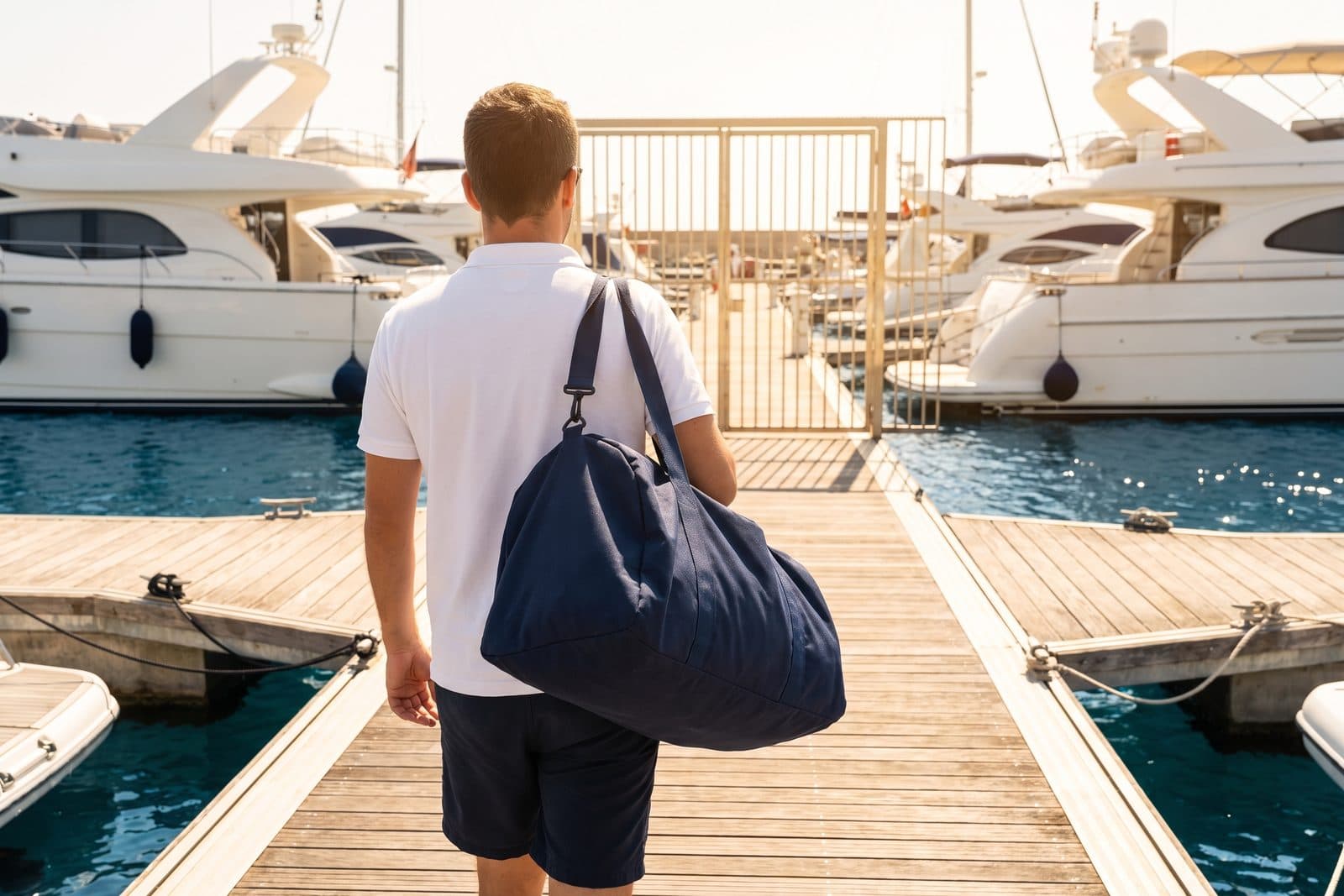 A yacht crew member in a white polo shirt carrying a navy duffel bag along a marina pontoon towards the gate, yachts moored on both sides