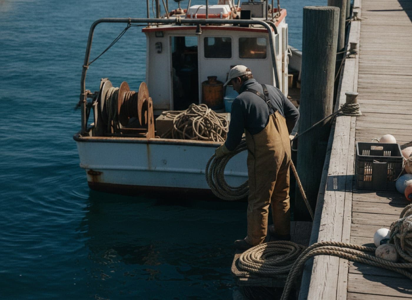 A crew member in oilskins coiling a heavy mooring line on the deck of a small commercial fishing boat alongside a timber pier