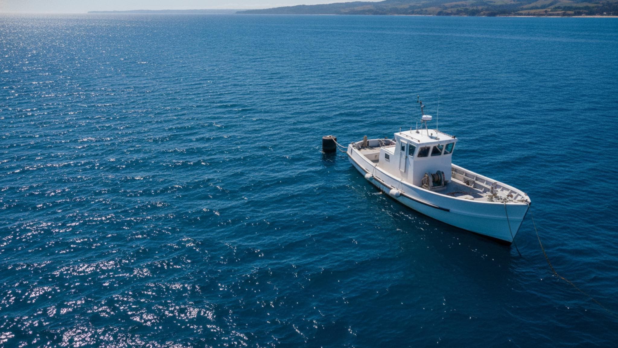 A small commercial workboat at a sunlit mooring in deep blue open water