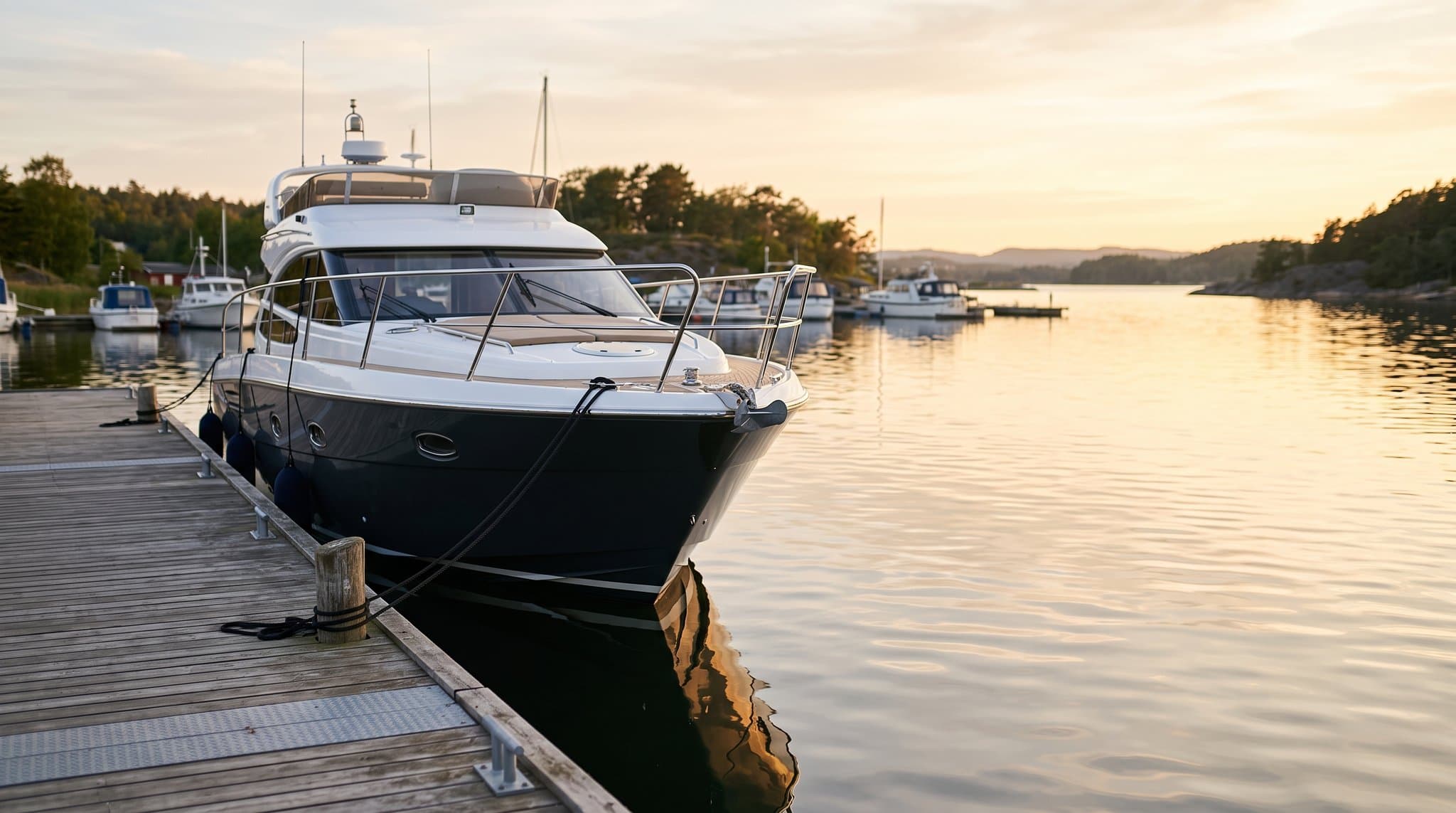 Motoryacht ormeggiato in un porto turistico tranquillo all'ora dorata, a illustrare cosa non copre l'assicurazione barca per i proprietari di unità a vela e a motore.