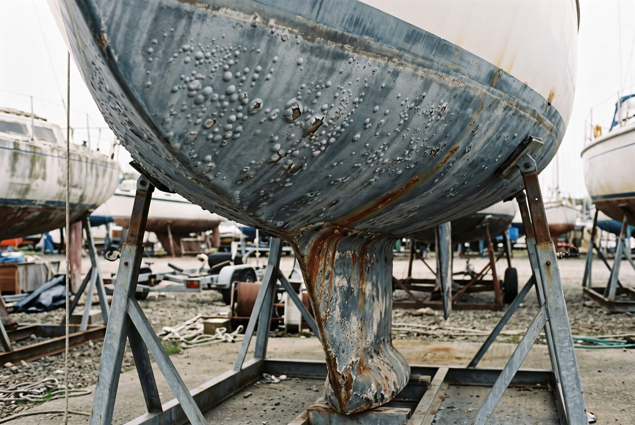 scafo di una barca con bolle da osmosi e corrosione in un cantiere nautico, un'esclusione per usura