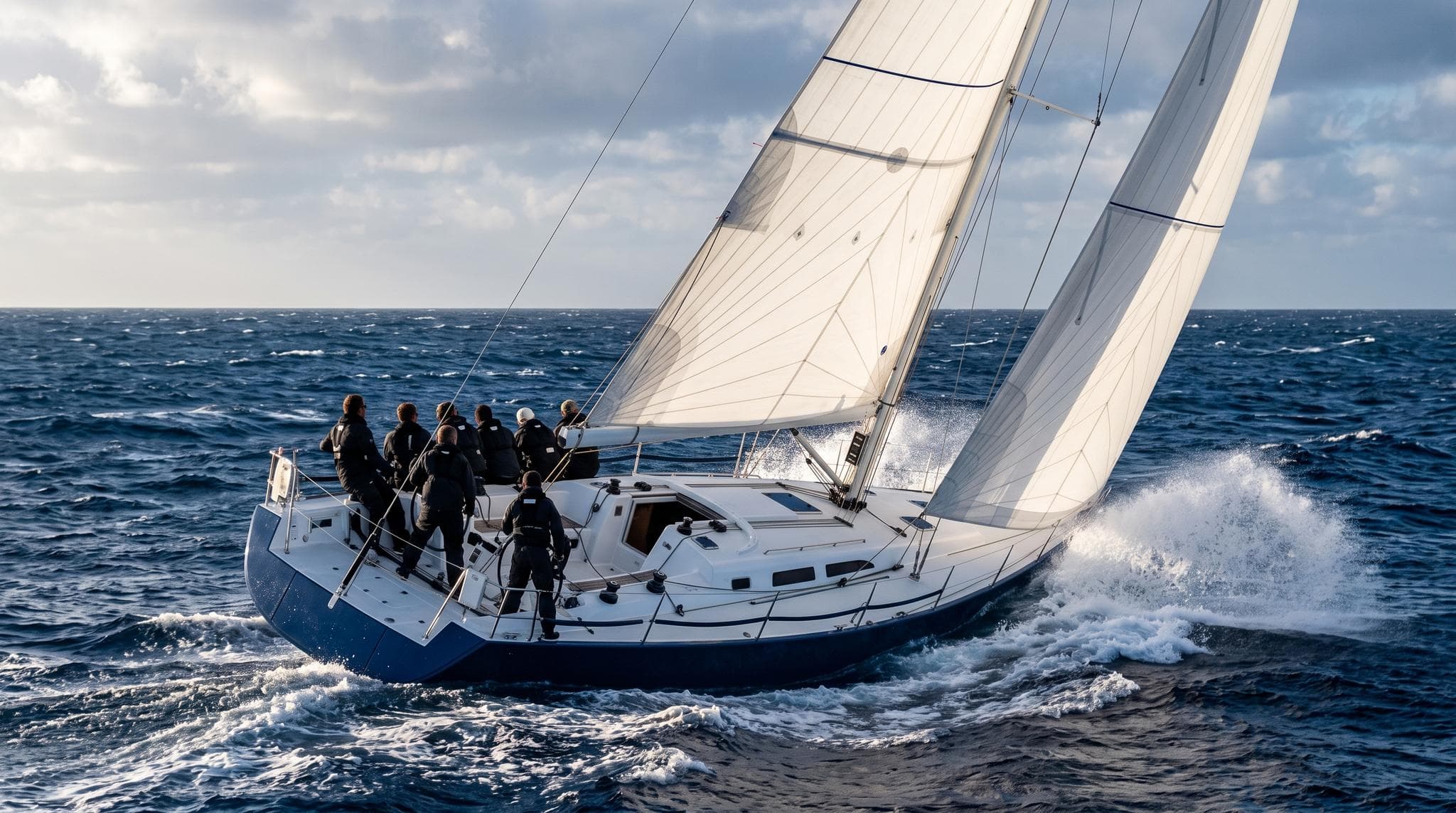 barca a vela sbandata in regata sotto piena velatura, lo scenario dietro l'esclusione di albero, attrezzatura e vele