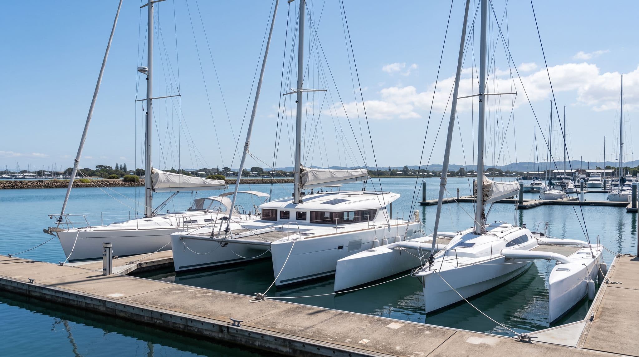 veduta di un porto con un monoscafo, un catamarano e un trimarano ormeggiati fianco a fianco, che mostra quali unità sono ammissibili
