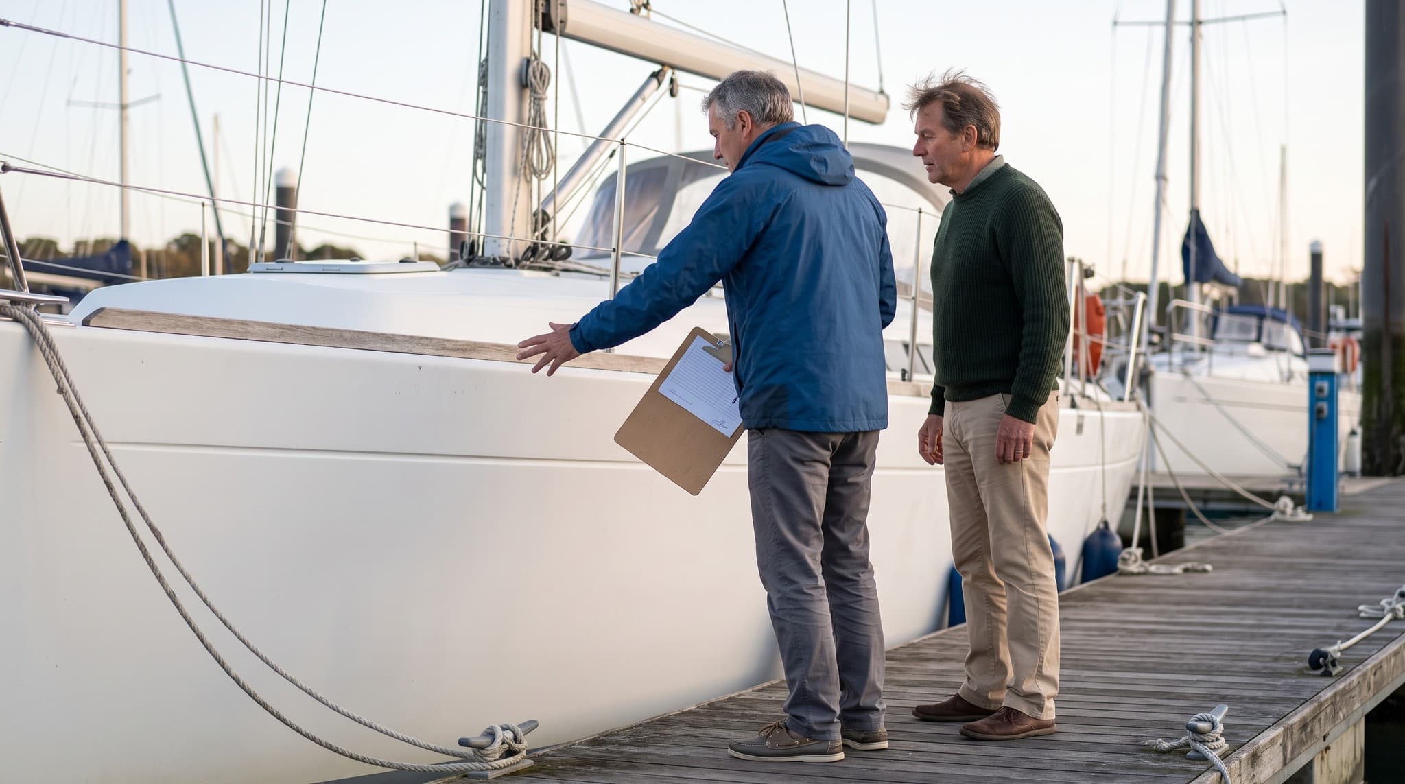 Expert maritime et propriétaire discutant sur un ponton à côté d'un yacht à moteur amarré, l'expert tenant une planchette