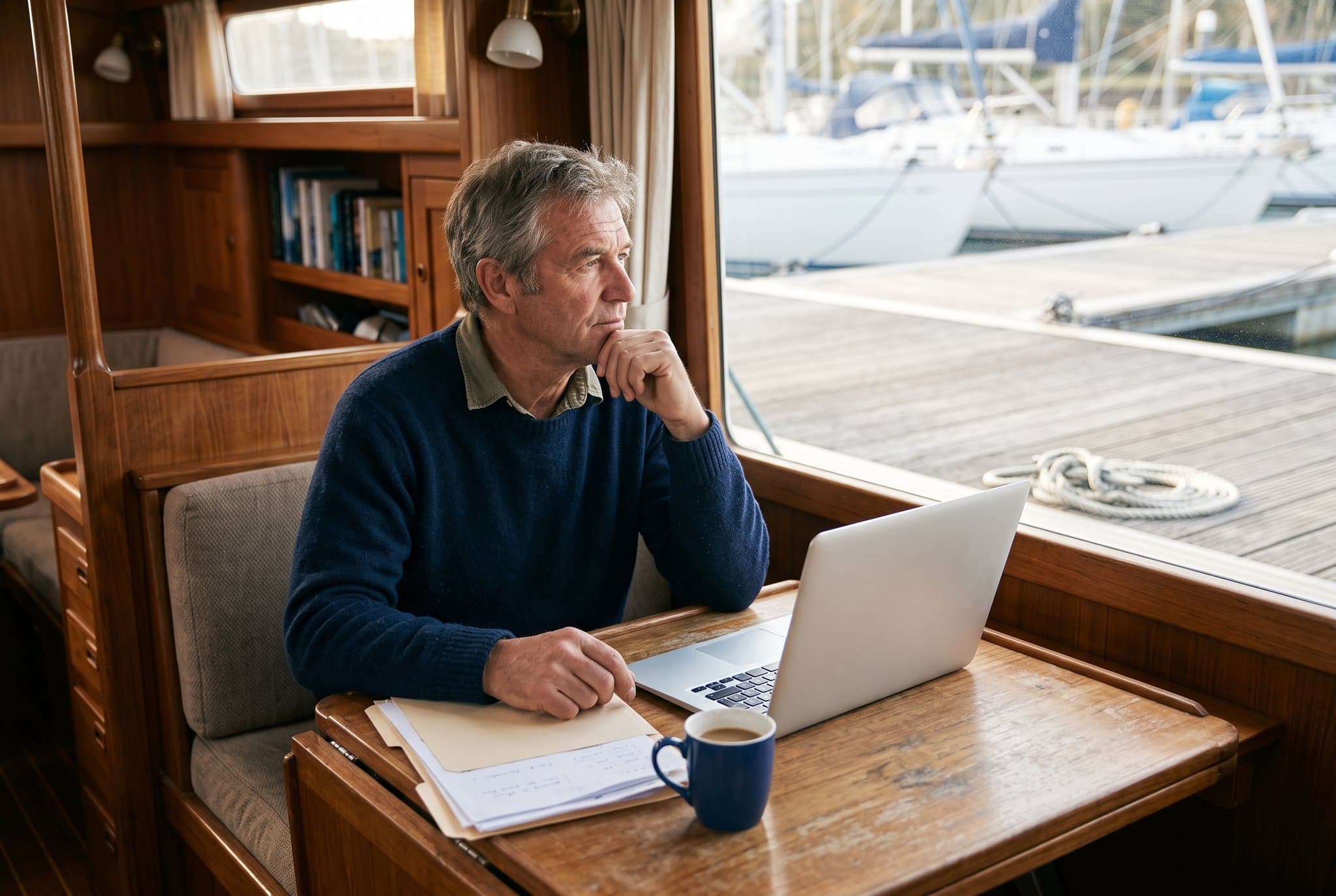 Propriétaire de bateau attablé au carré avec un ordinateur portable et les papiers du navire, regardant vers un ponton de marina