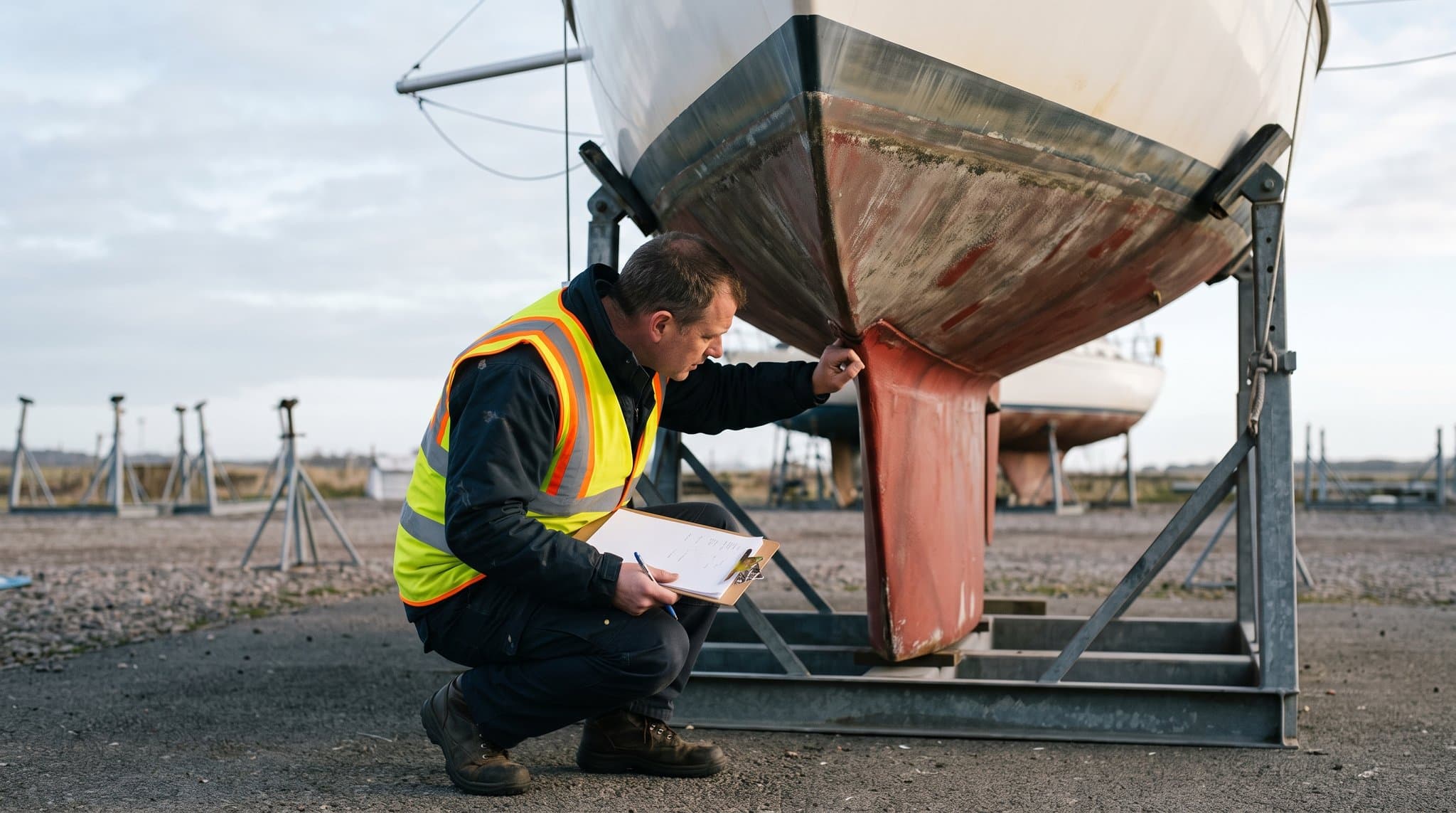 Expert maritime en gilet haute visibilité examinant la coque et l'emplanture de quille d'un voilier de croisière posé sur ber dans un chantier naval