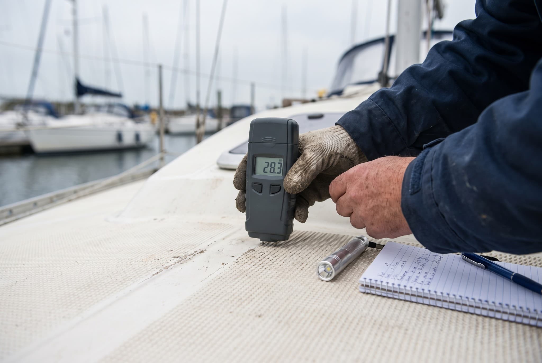 Gros plan d'un expert maritime appliquant un humidimètre à main sur le pont d'un voilier en composite