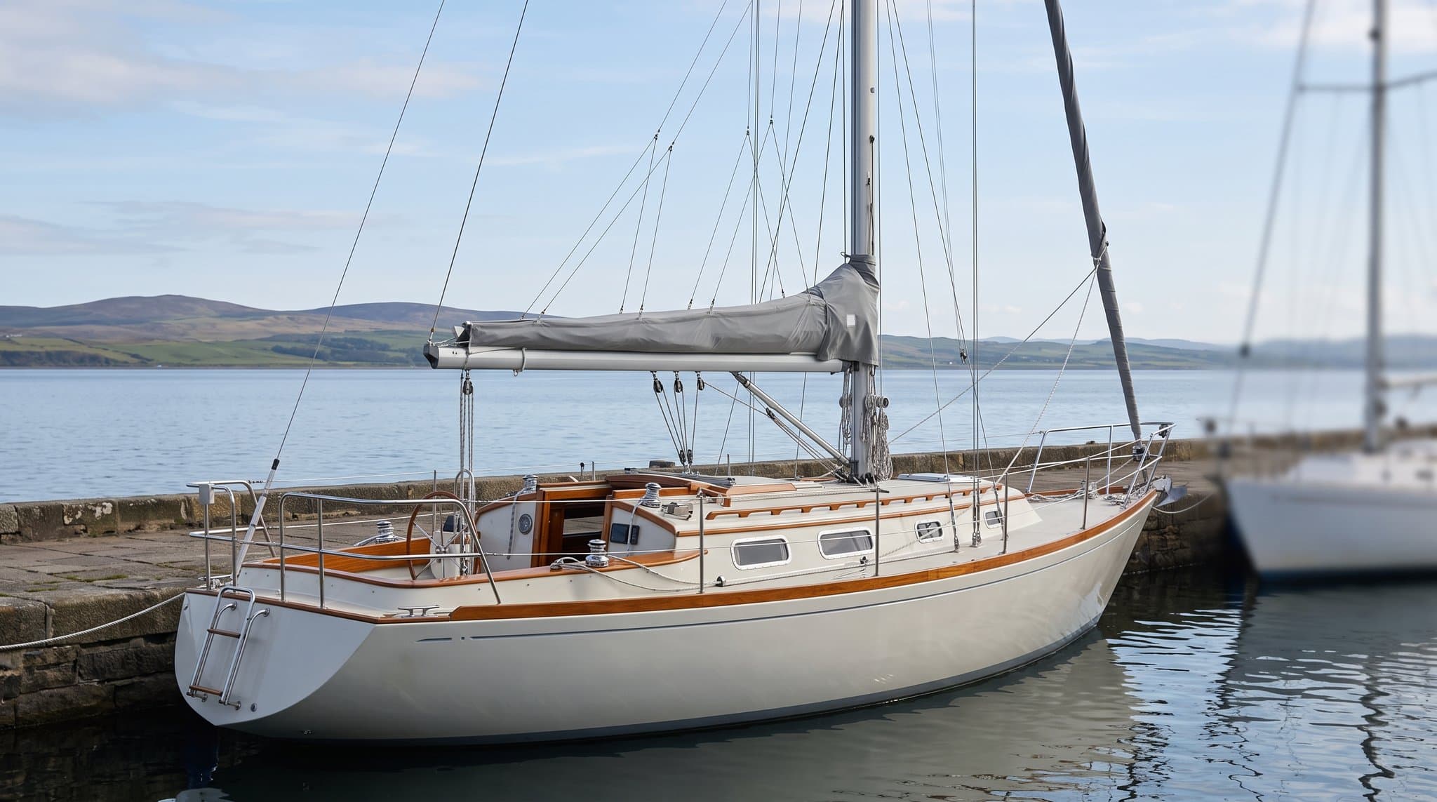 Sloop de croisière classique en composite du début des années quatre-vingt, bien entretenu, amarré cul à quai sur un quai tranquille avec un gréement dormant neuf