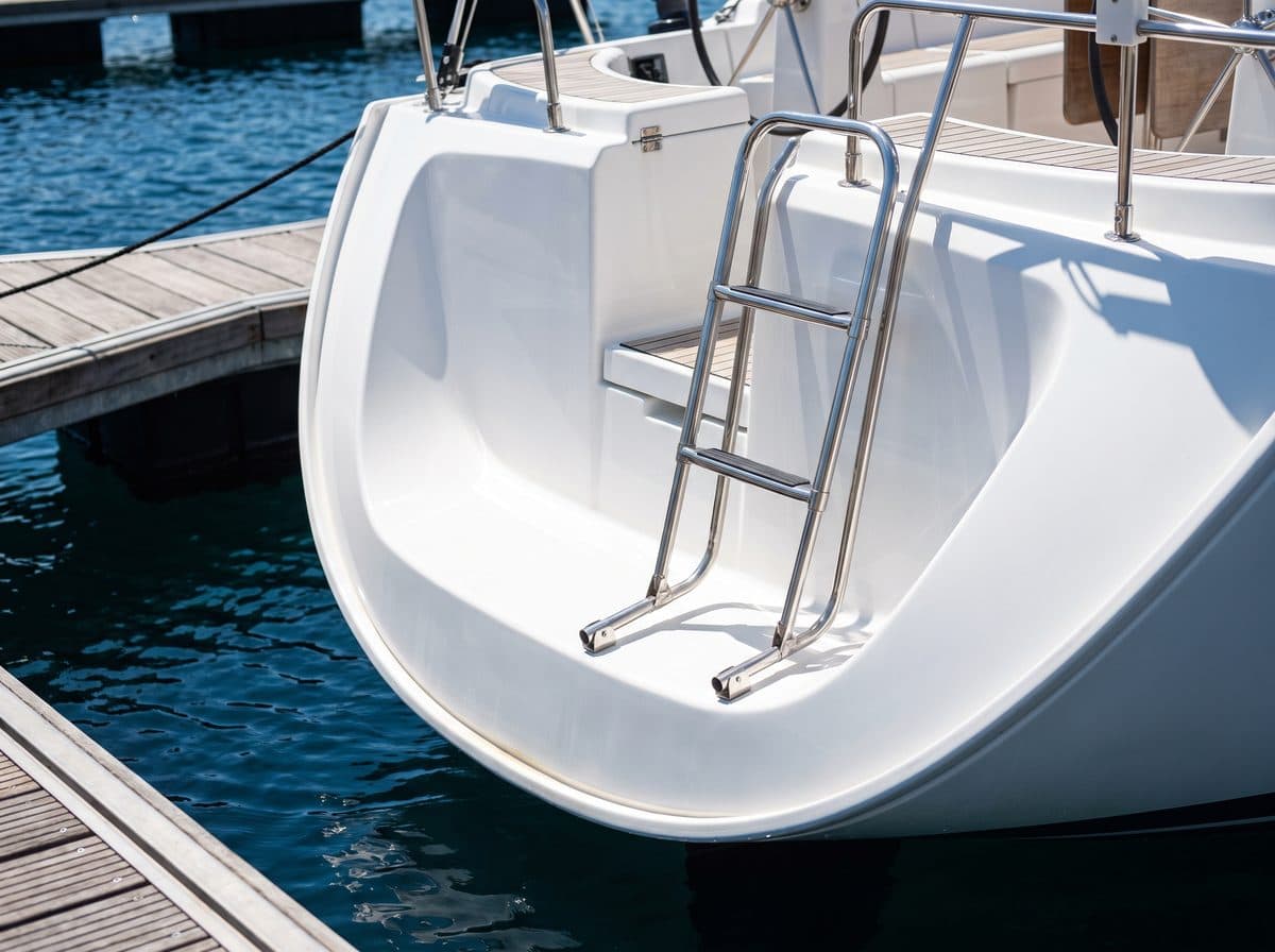 Close-up of the white transom and boarding ladder of a sailing yacht lying at a dock