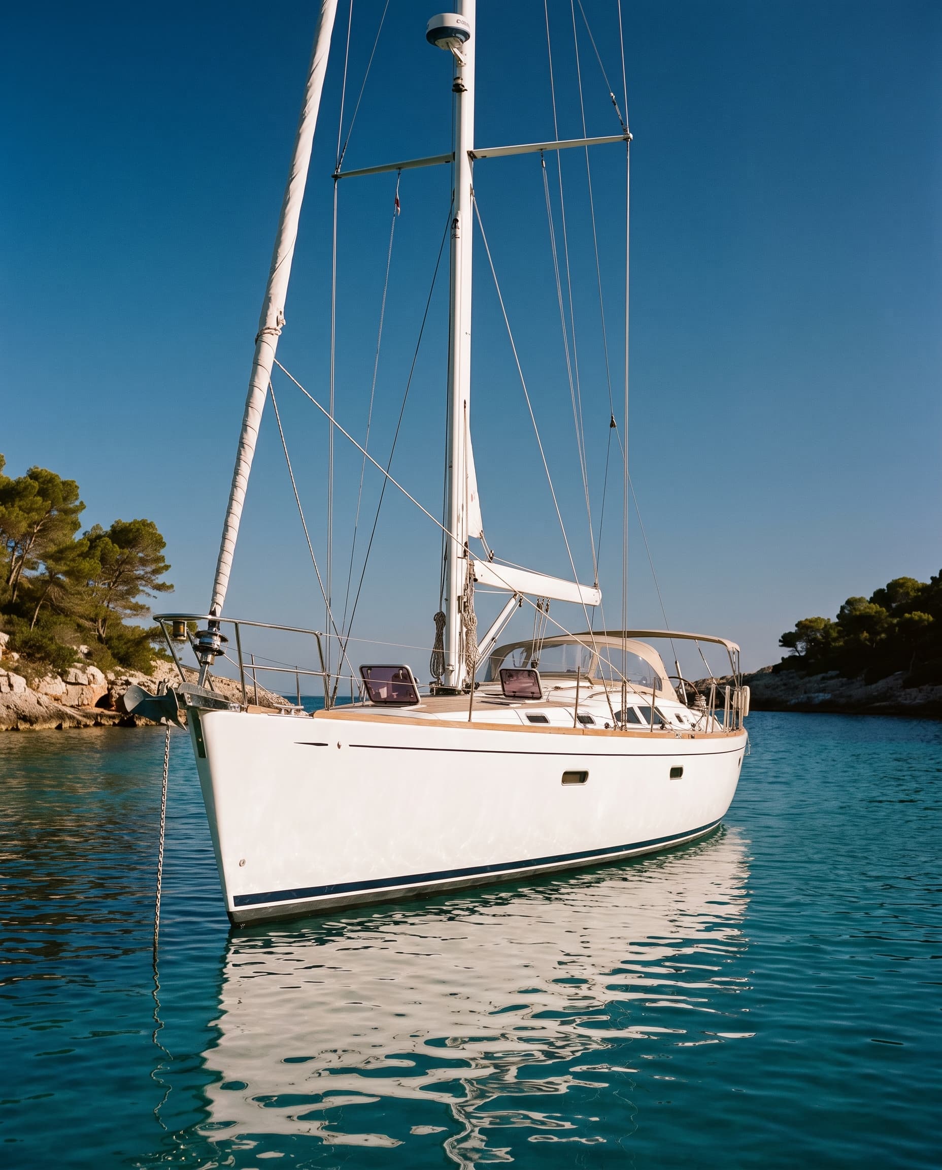 White cruising sailing yacht at anchor in a clear turquoise Mediterranean cove