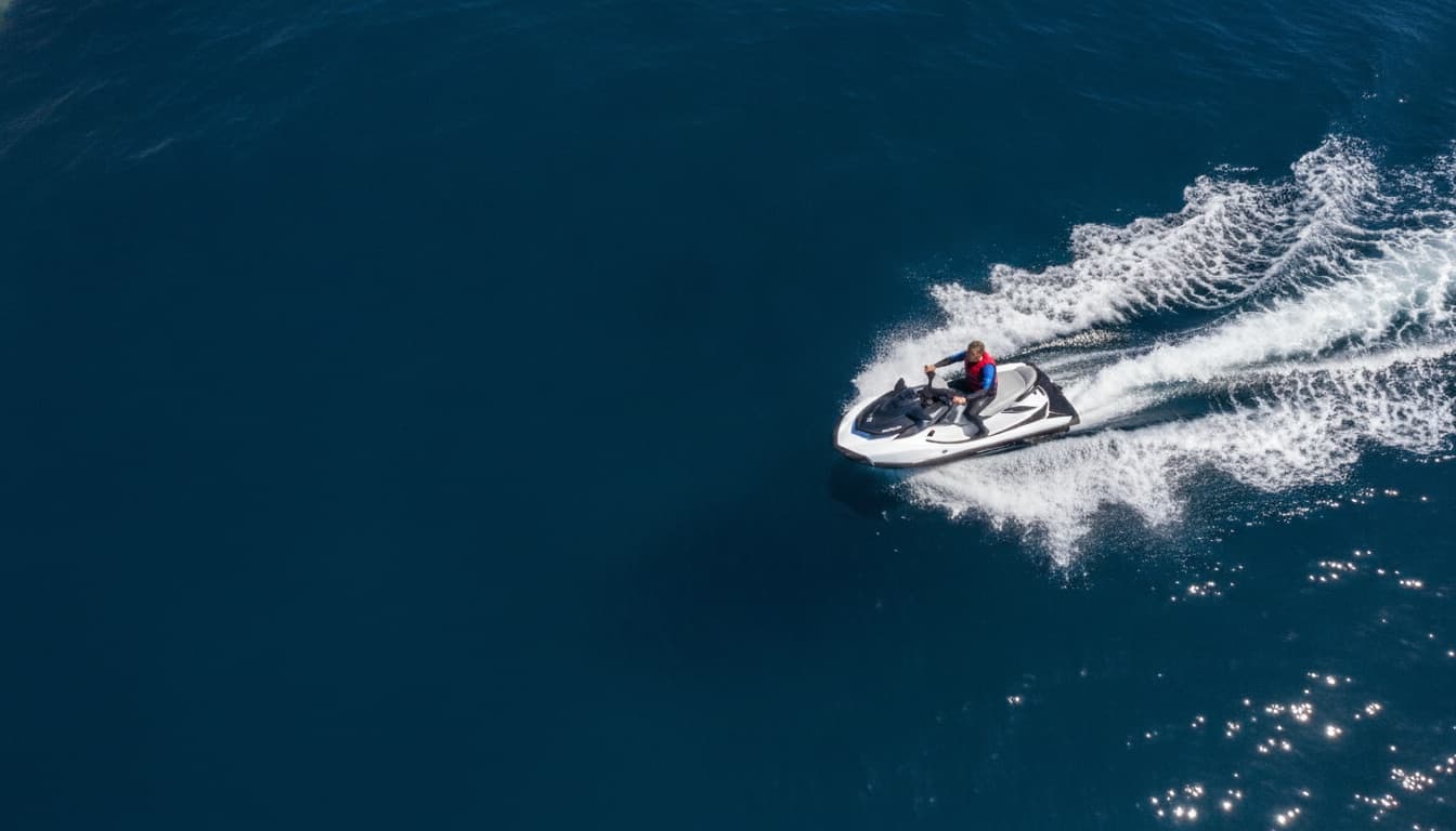 A single jet ski under way on deep blue open water in bright midday sun, seen from a high aerial angle with its wake curving away to the right