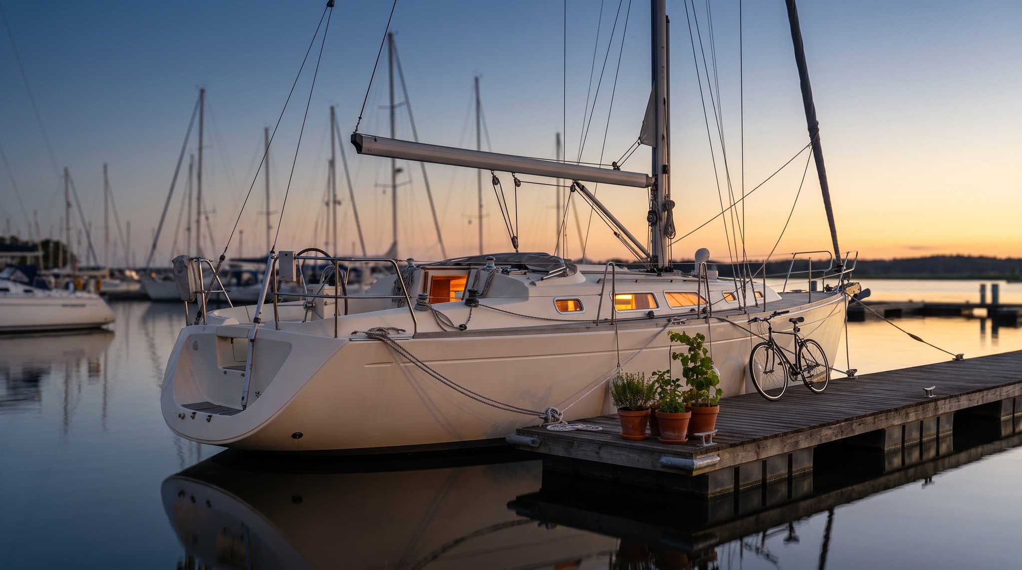 Un velero de crucero de 12 metros amarrado en el pantalán de un puerto deportivo balear al atardecer, con las luces cálidas de la cabina brillando por los portillos, macetas y una bicicleta en el pantalán, que representa la vida a bordo.