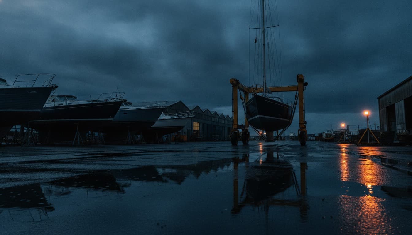 A dark-hulled sailing yacht held in a travel-lift sling above wet hardstanding at a working boatyard at blue hour, with more boats blocked ashore on cradles behind it