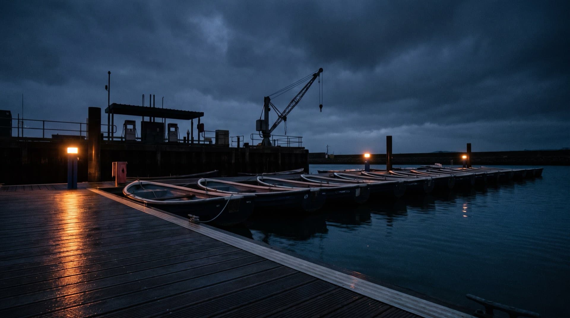 A line of identical hire boats moored along a floating pontoon at a working commercial marina at blue hour, with a fuel dock, a deck crane and dock lamps reflected on wet decking